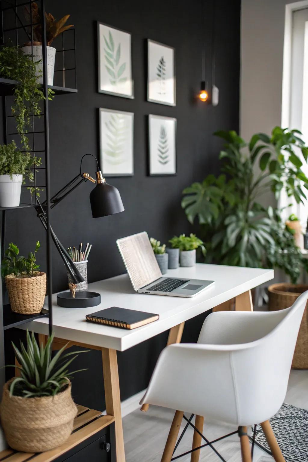 A tranquil home office featuring elegantly dark walls.
