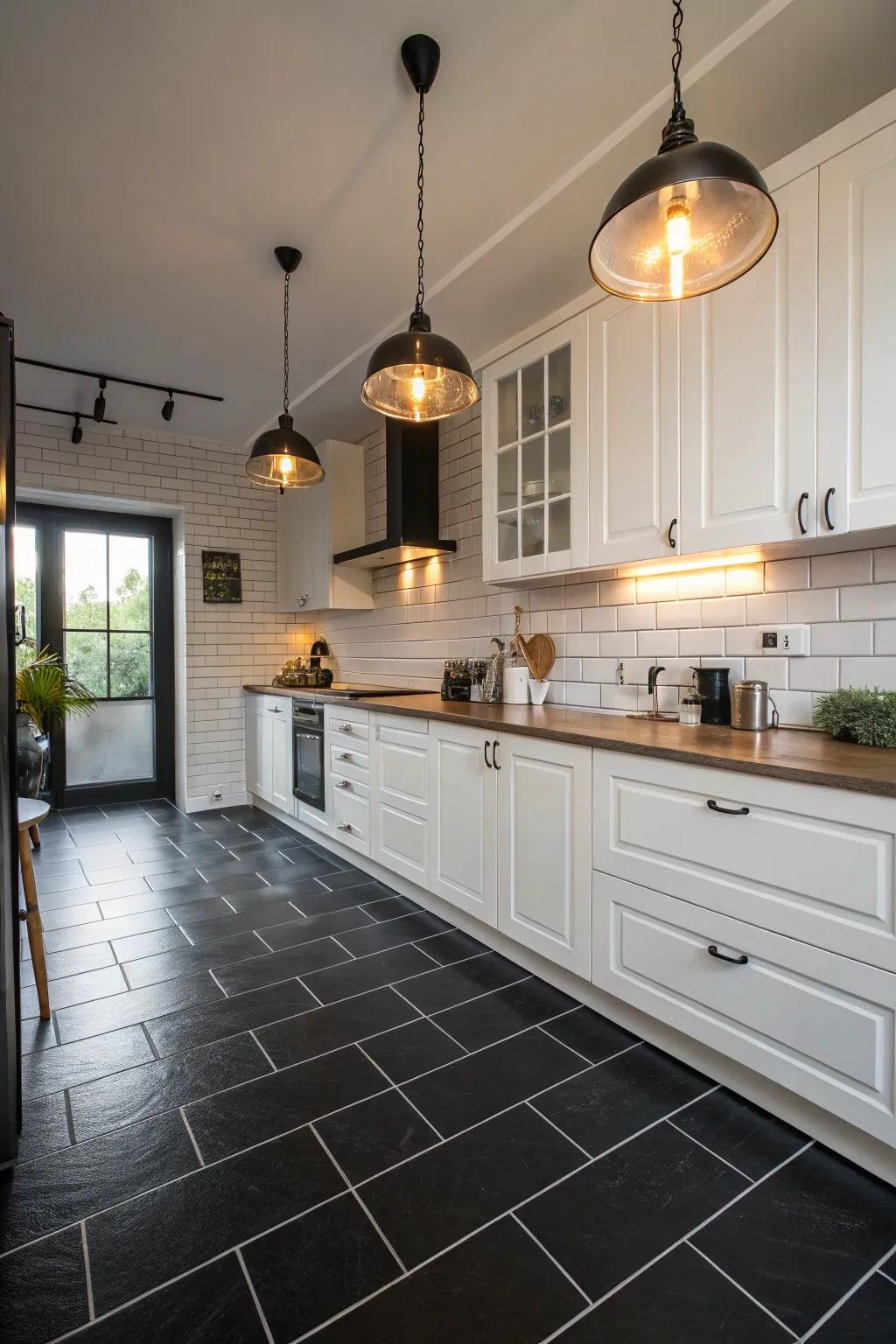 A kitchen that showcases the beautiful contrast achieved by using black floors with white cabinets.