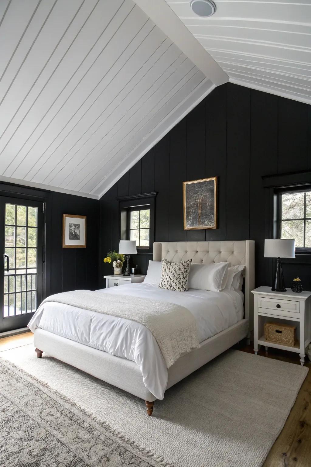 Black walls create a dramatic backdrop for your master bedroom.