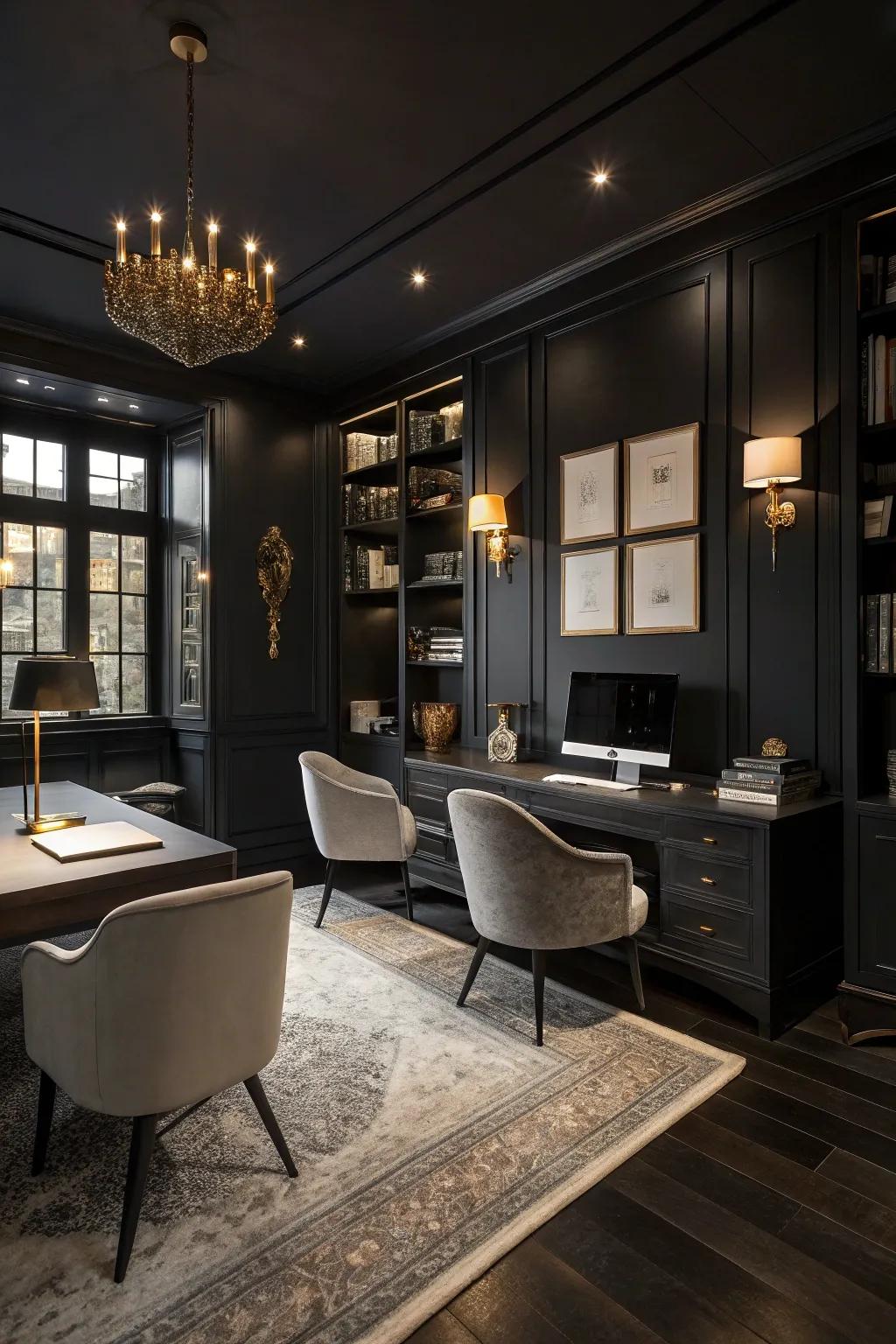 Black walls serve as a daring foundation for a chic, modern office.