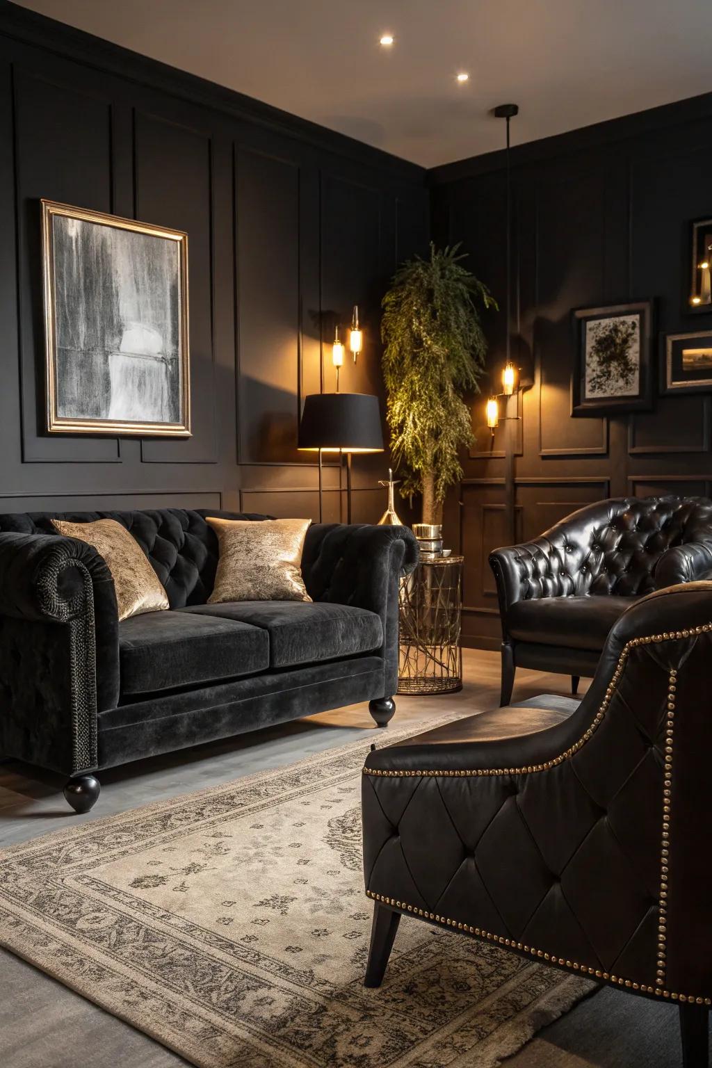 A dark living space featuring velvet and leather textures, creating an extravagant atmosphere.