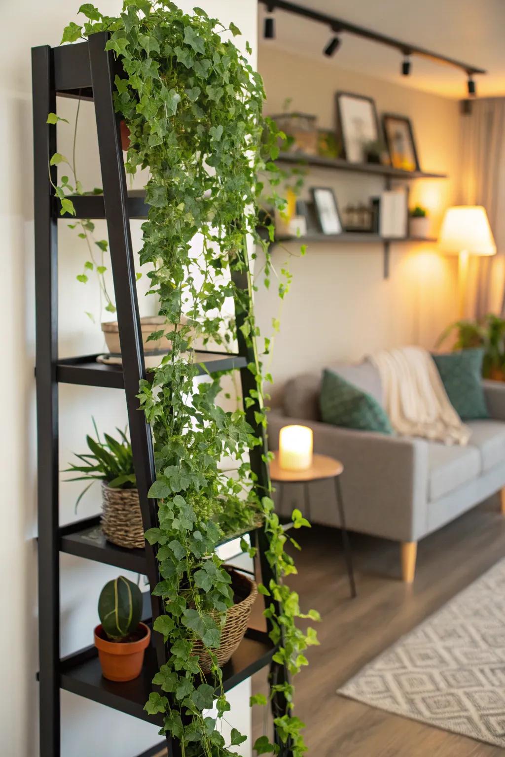 Lush greenery elegantly draped over a dark shelf.