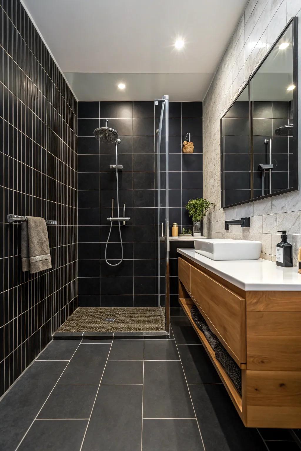 Dramatic dark tiles pave the way for a sophisticated showering escape.