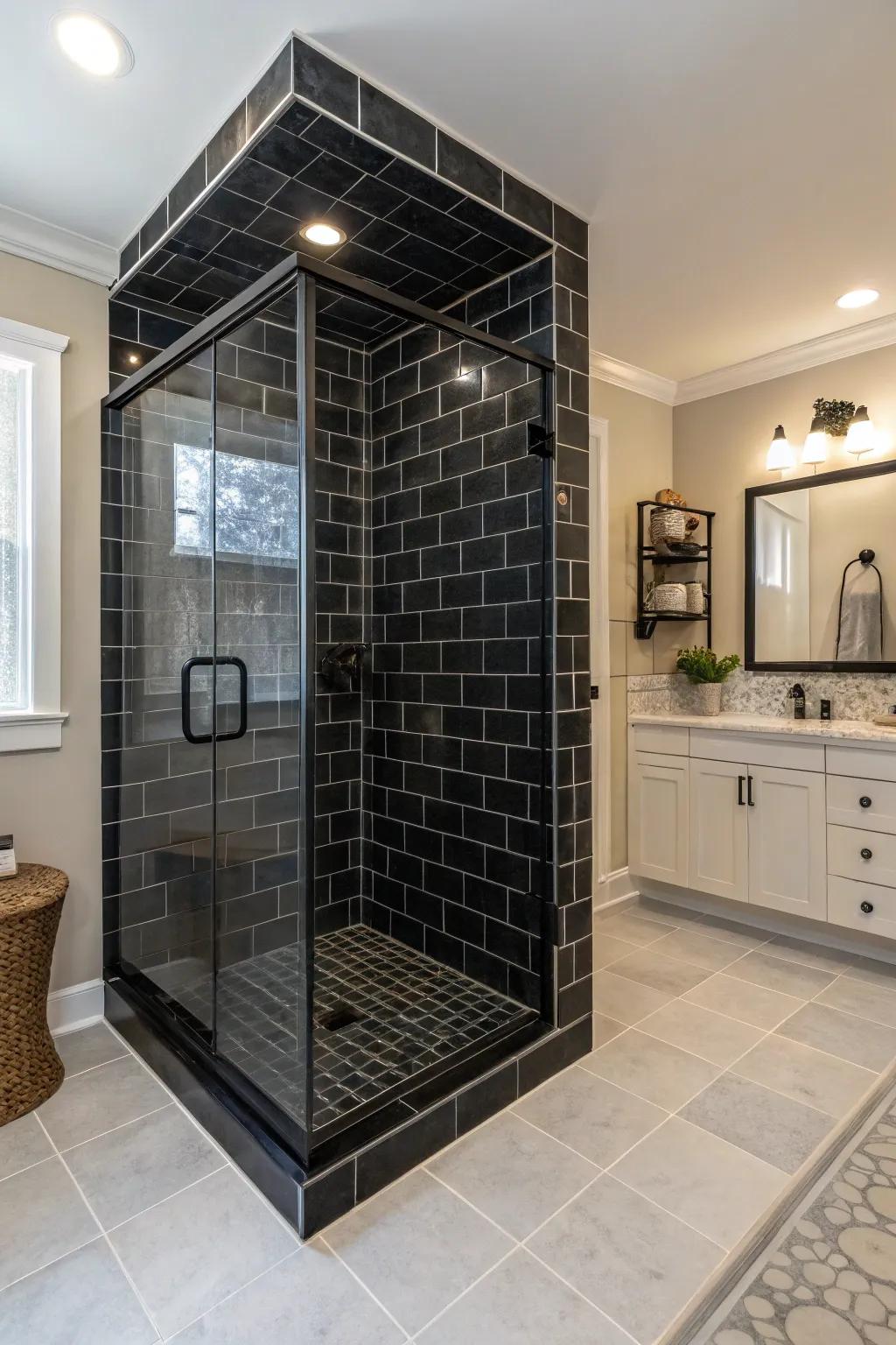 A stunning all-dark shower space with charcoal panels for a seamless design.
