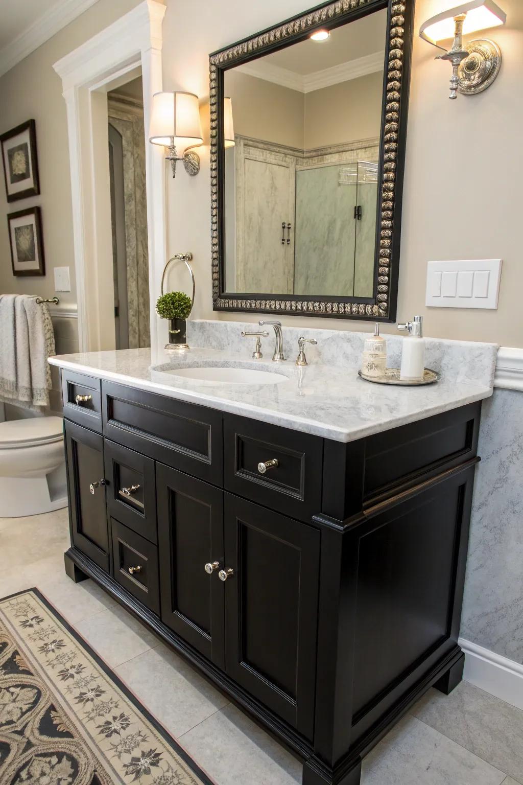 The classic beauty of black and white creates a balanced and stylish bathroom atmosphere.