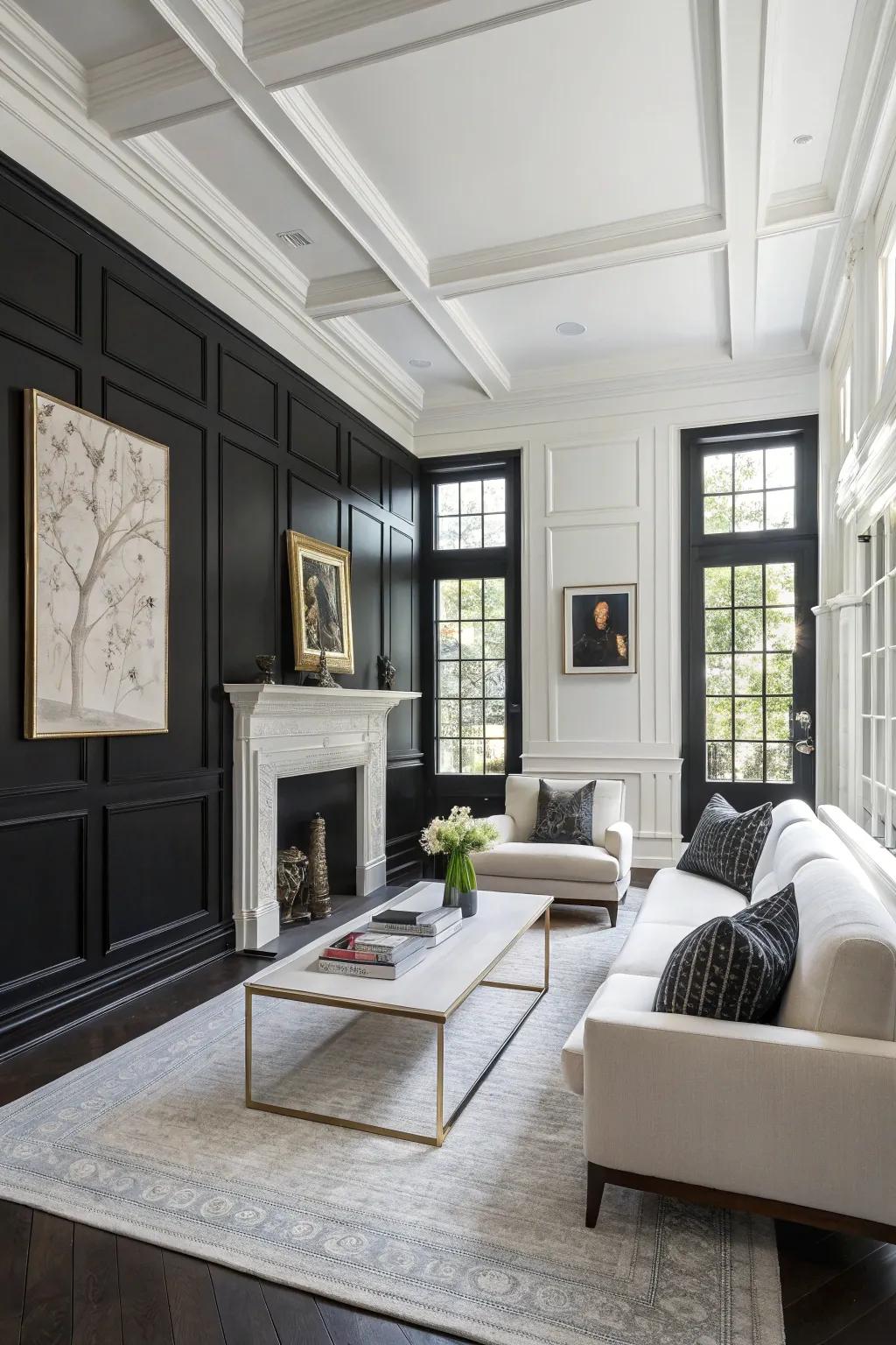 A living area showcasing black wainscoting against bright white walls.