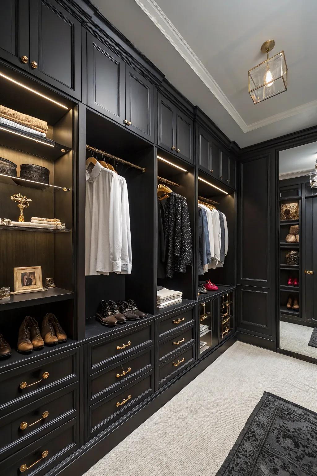 A walk-in closet employing a dark theme to accentuate individual flair.