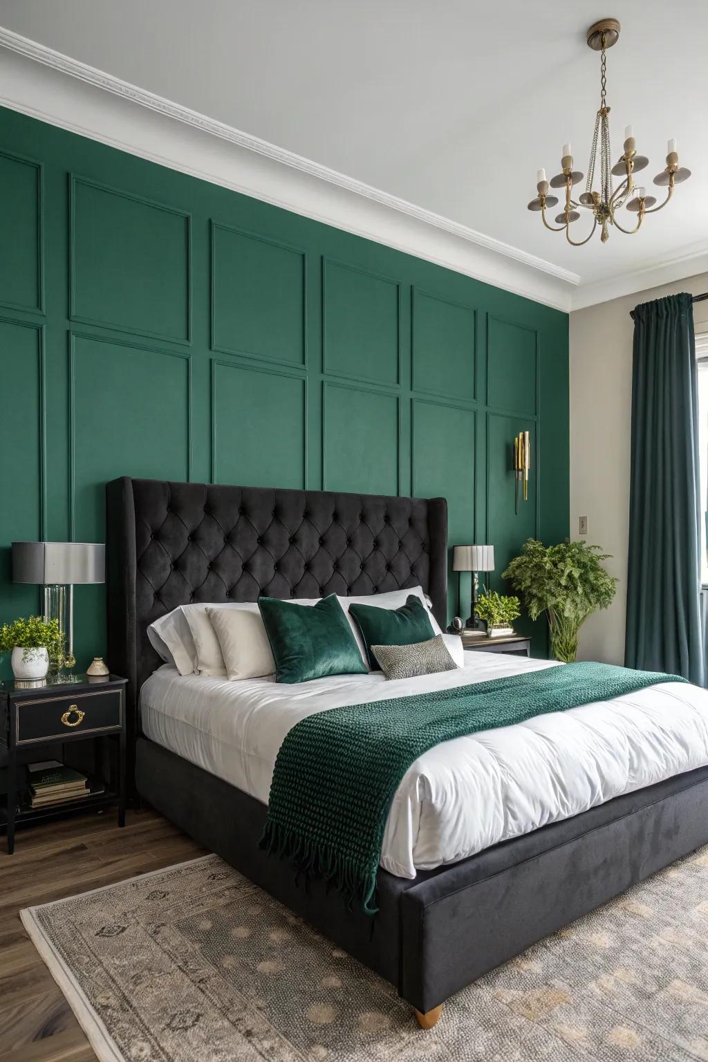 A bedroom that showcases a jade focus wall as its centerpiece.