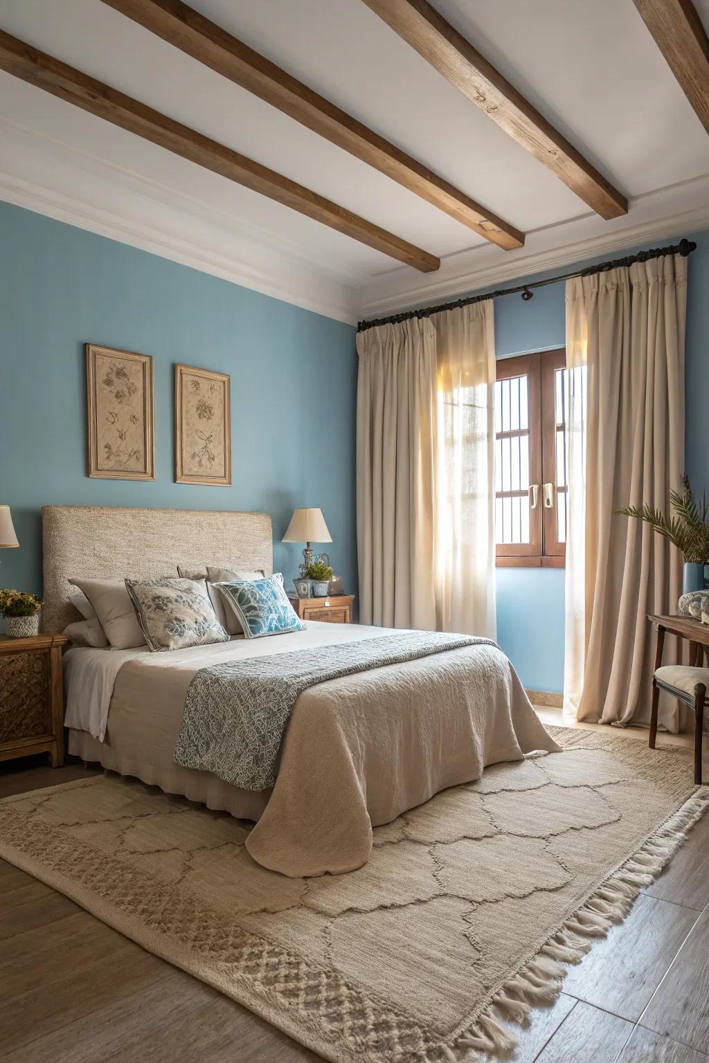 Beige highlights with blue painted walls make for a relaxing, beachy feel.