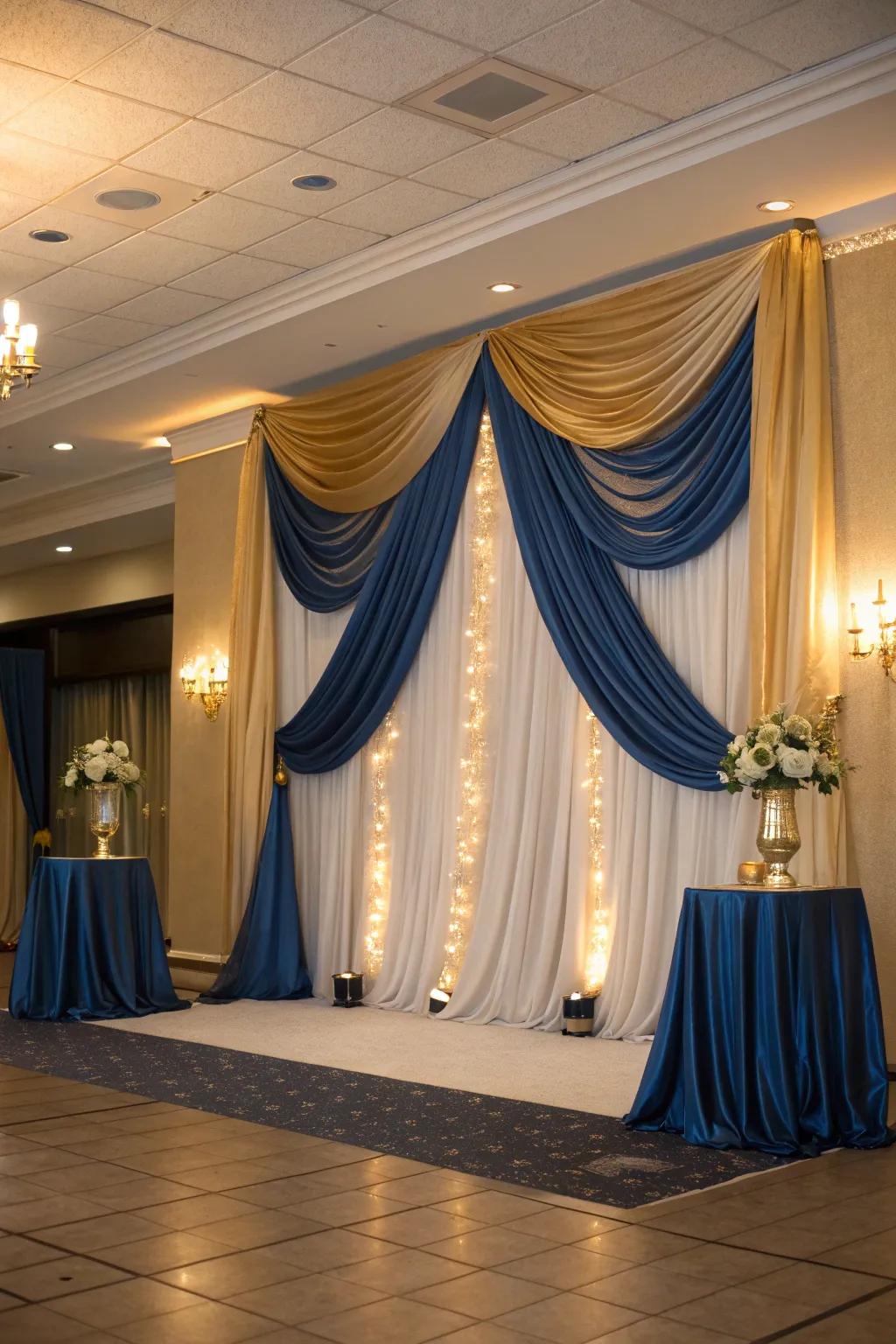 Change your area with sumptuous blue and gold fabric drapes.