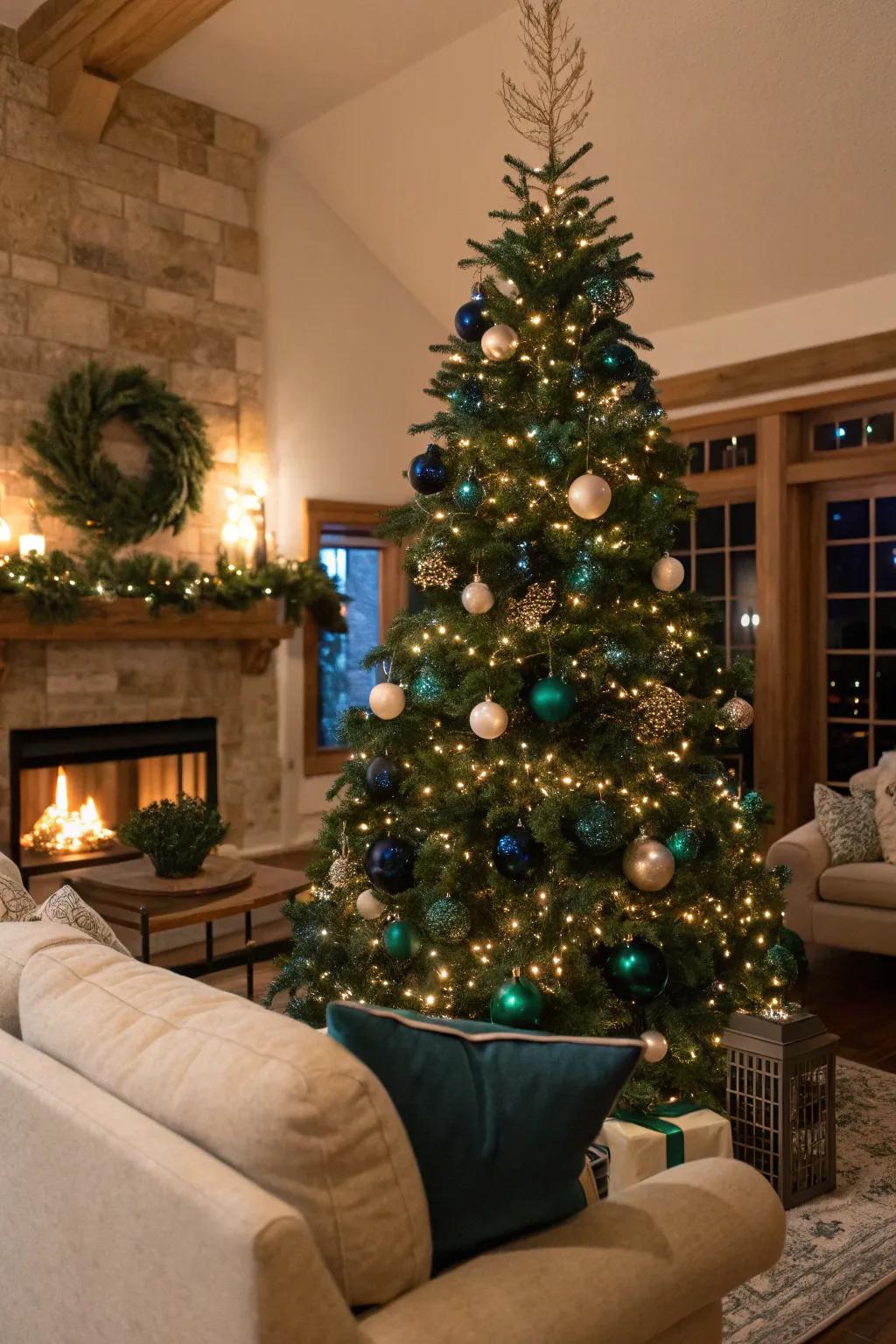 A classically designed blue and green Christmas tree featuring ornaments that radiate elegance and warmth.