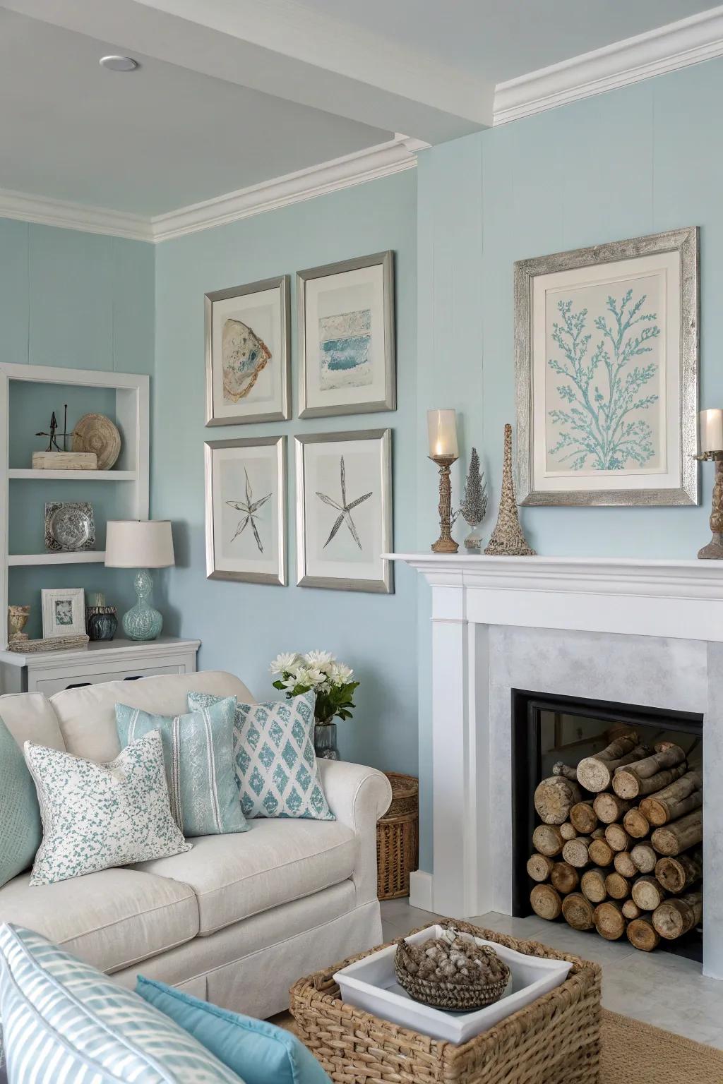 A peaceful, coastal-inspired living room featuring pale blue walls and touches of silver.