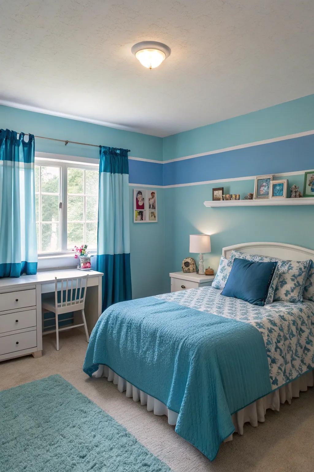 Using multiple shades of blue introduces depth and visual interest into a girl's bedroom.