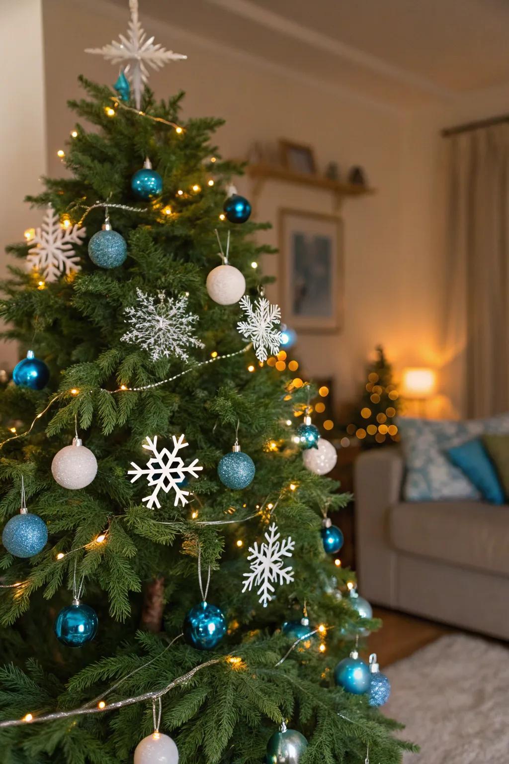 A classic blue and white Christmas tree showcasing timeless elegance.