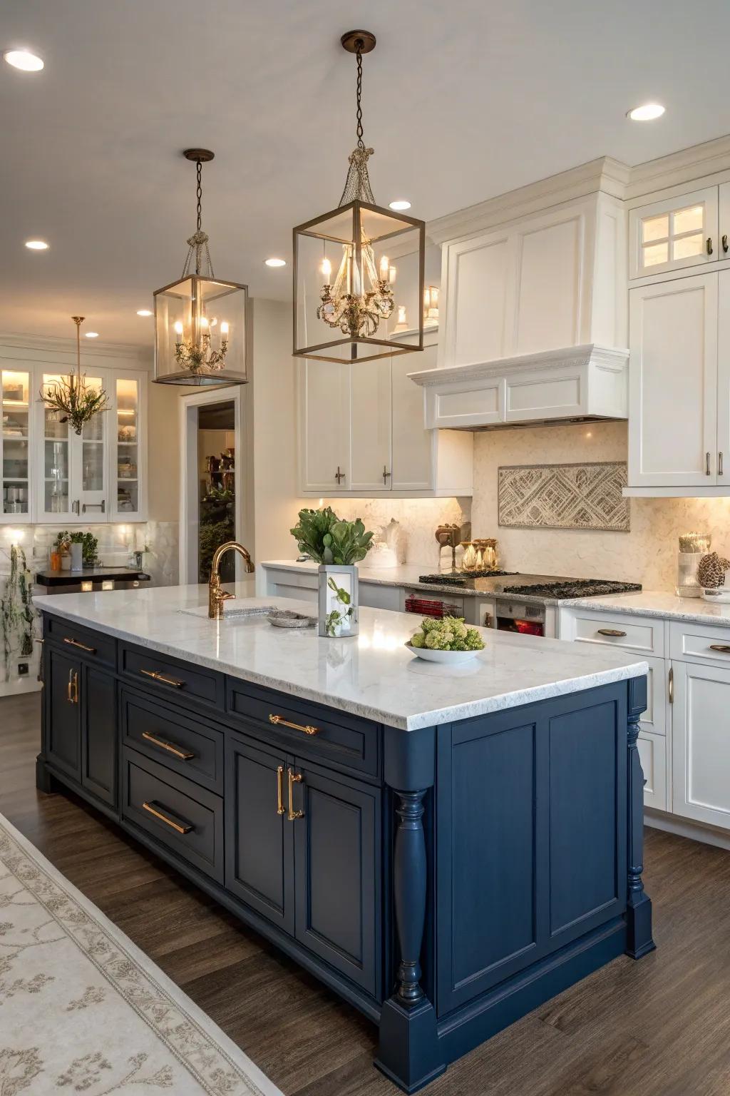 A navy blue island harmonized with white cabinets crafts a timeless and refined kitchen.