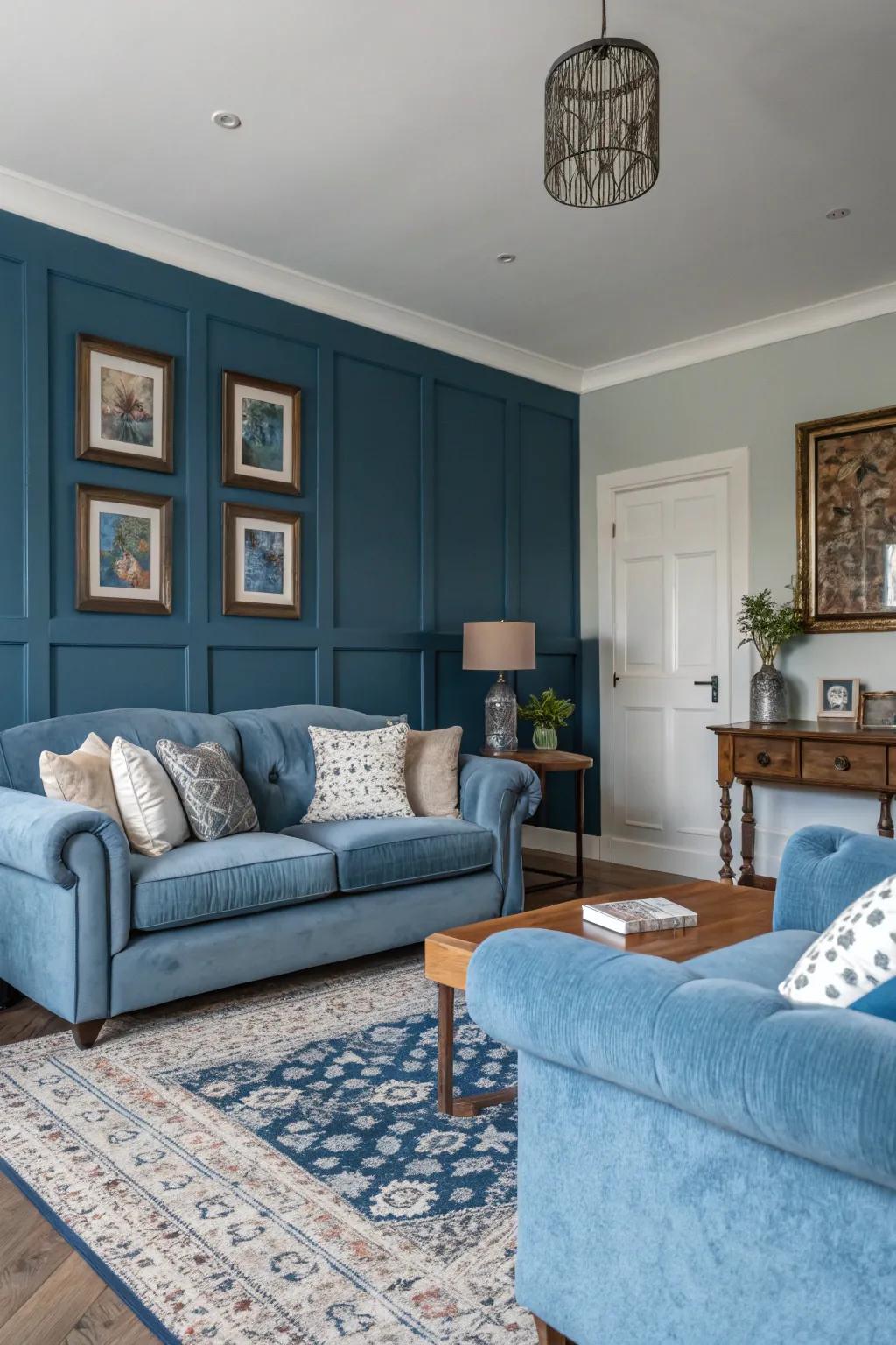 A balanced mix of light and dark blue shades enriches this living room.
