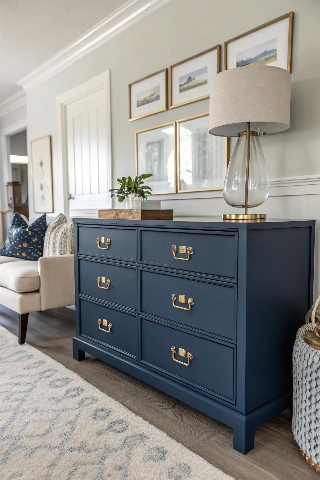 A navy dresser styled with sophistication in a modern living area.