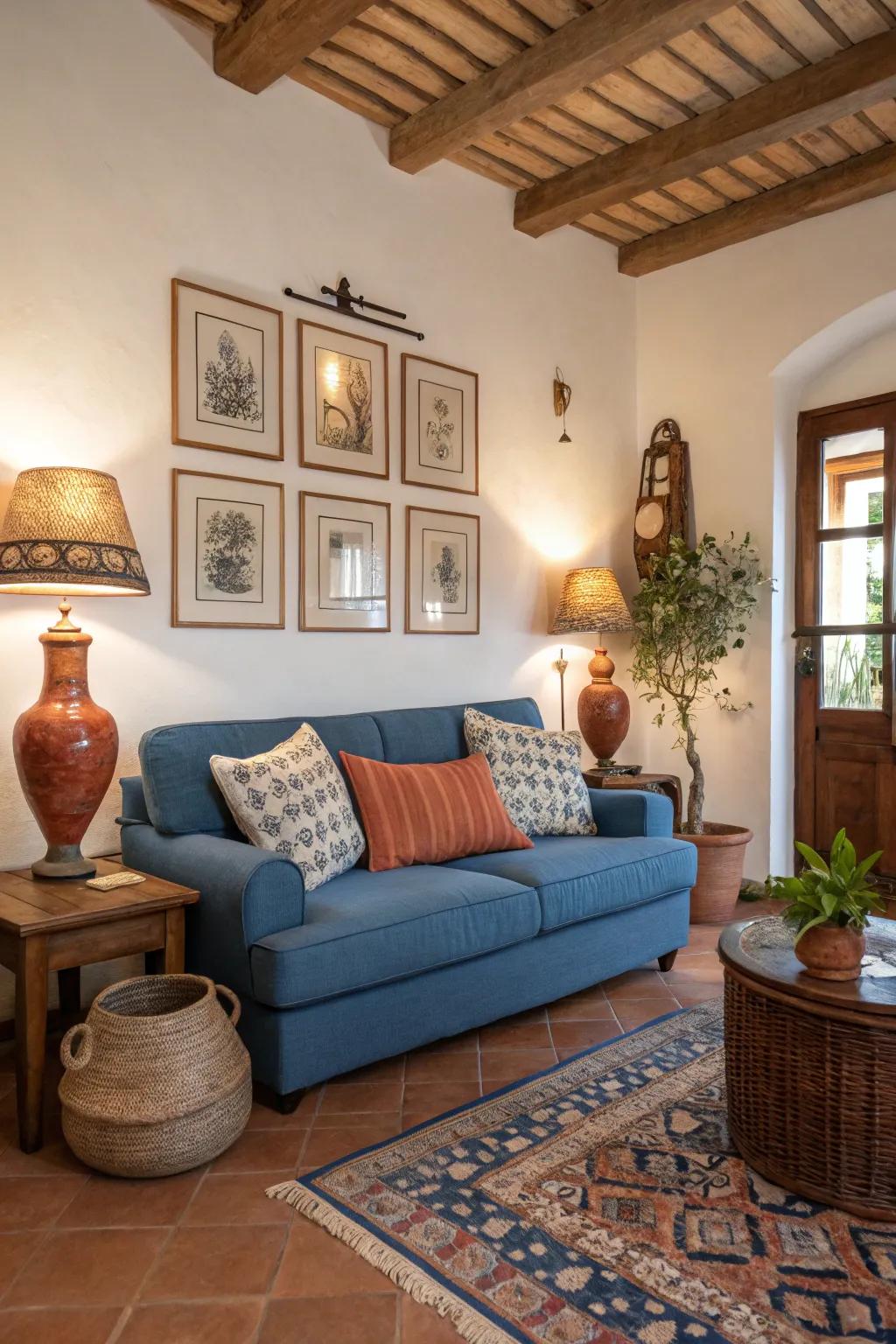 Blend a blue sofa with warm earthy shades for a welcoming ambiance.