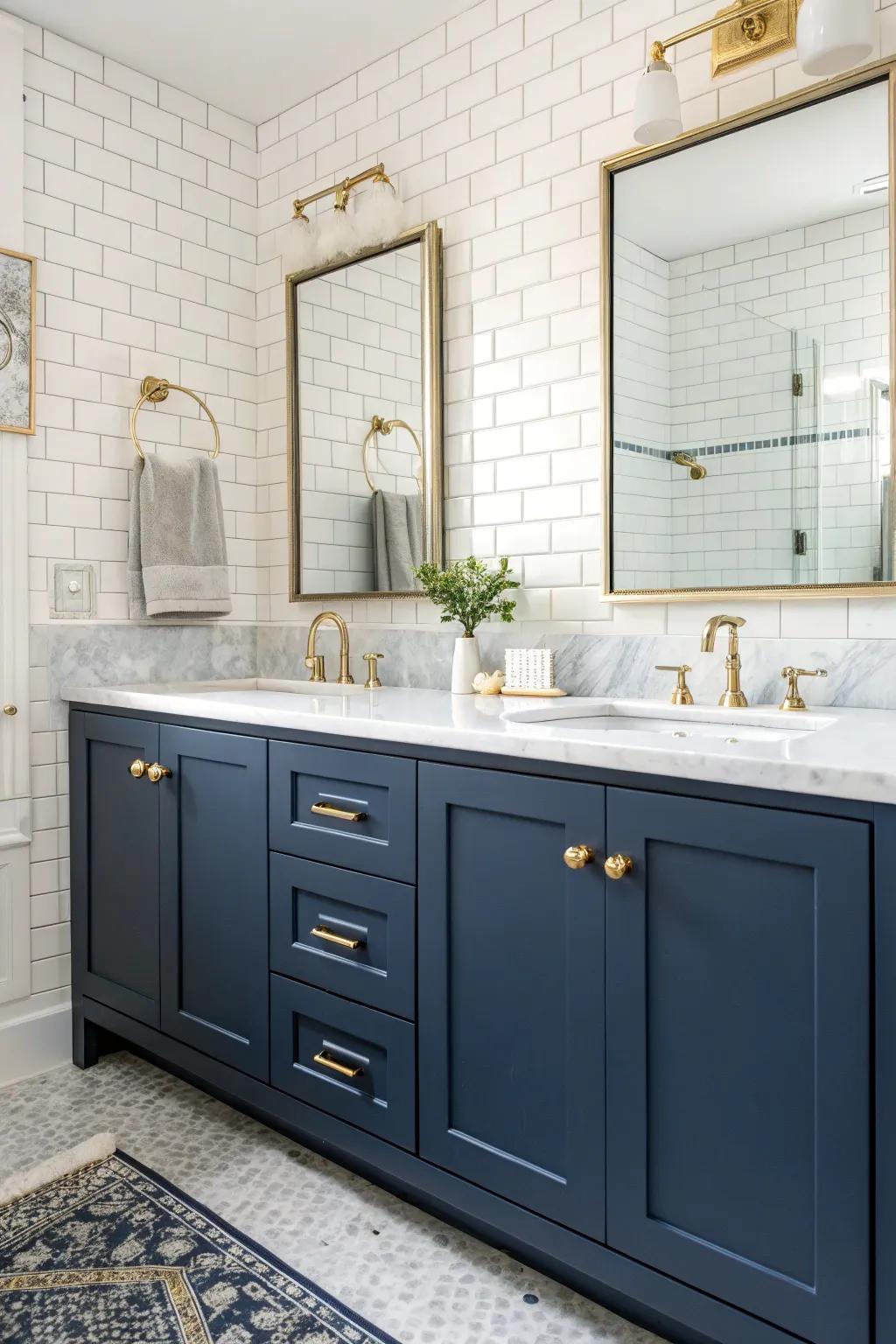 Dark blue and shimmering metallic generate an ageless beauty in this cultivated bathroom.