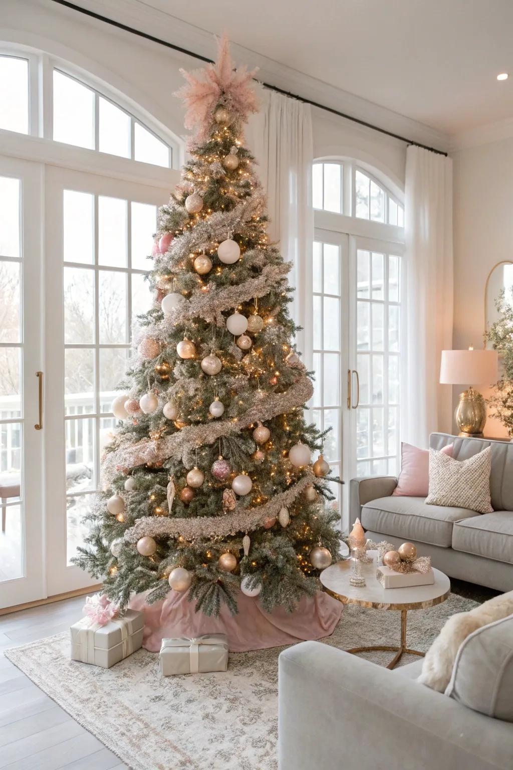 A tree adorned with soft pink garlands to achieve a gentle, romantic aesthetic.
