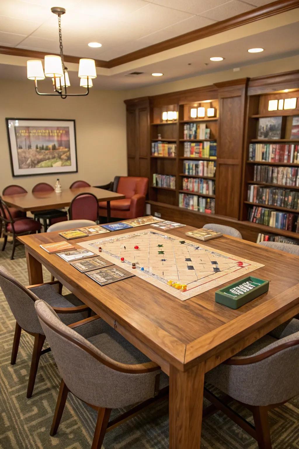 A spacious game table ready for an evening filled with laughter and thrilling games.
