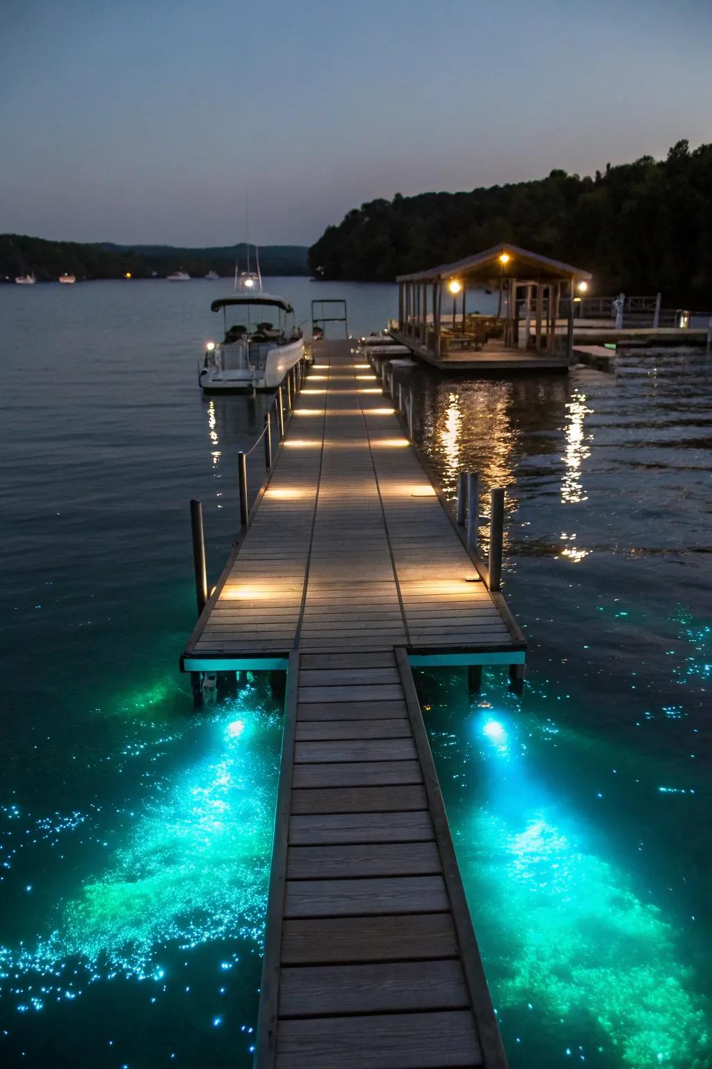 Underwater lights transform the dock into a magical haven.