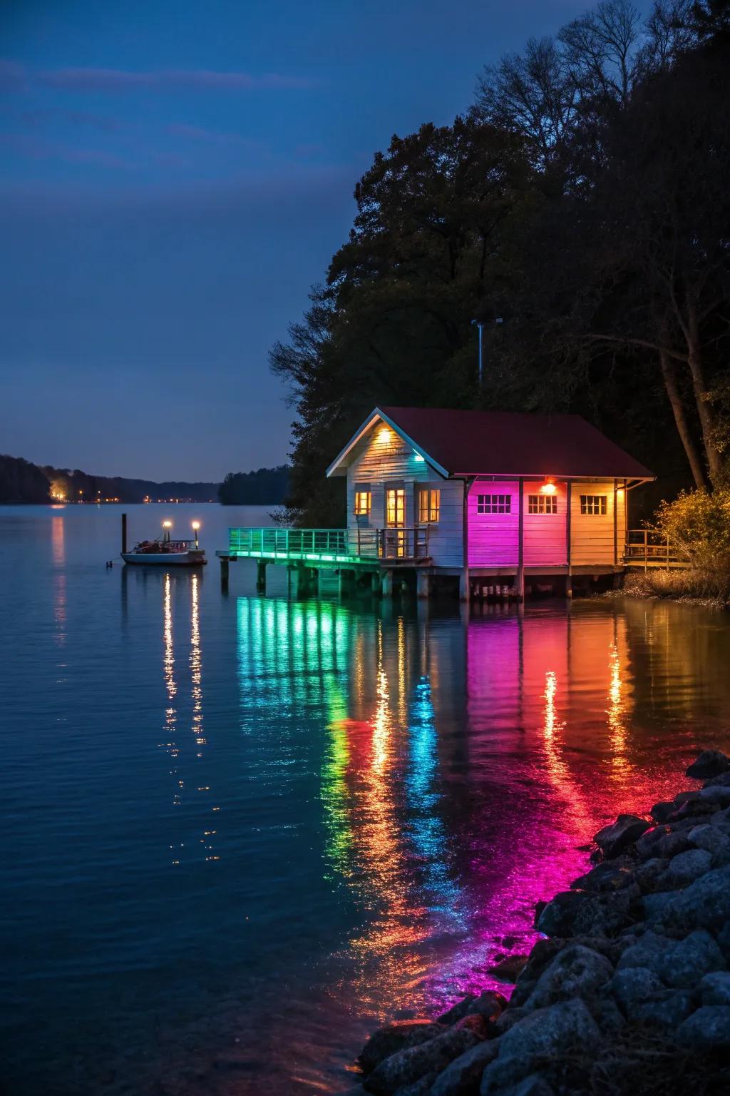 Underwater lamps cast an enchanting radiance around the boat house, making the water glisten vibrantly.