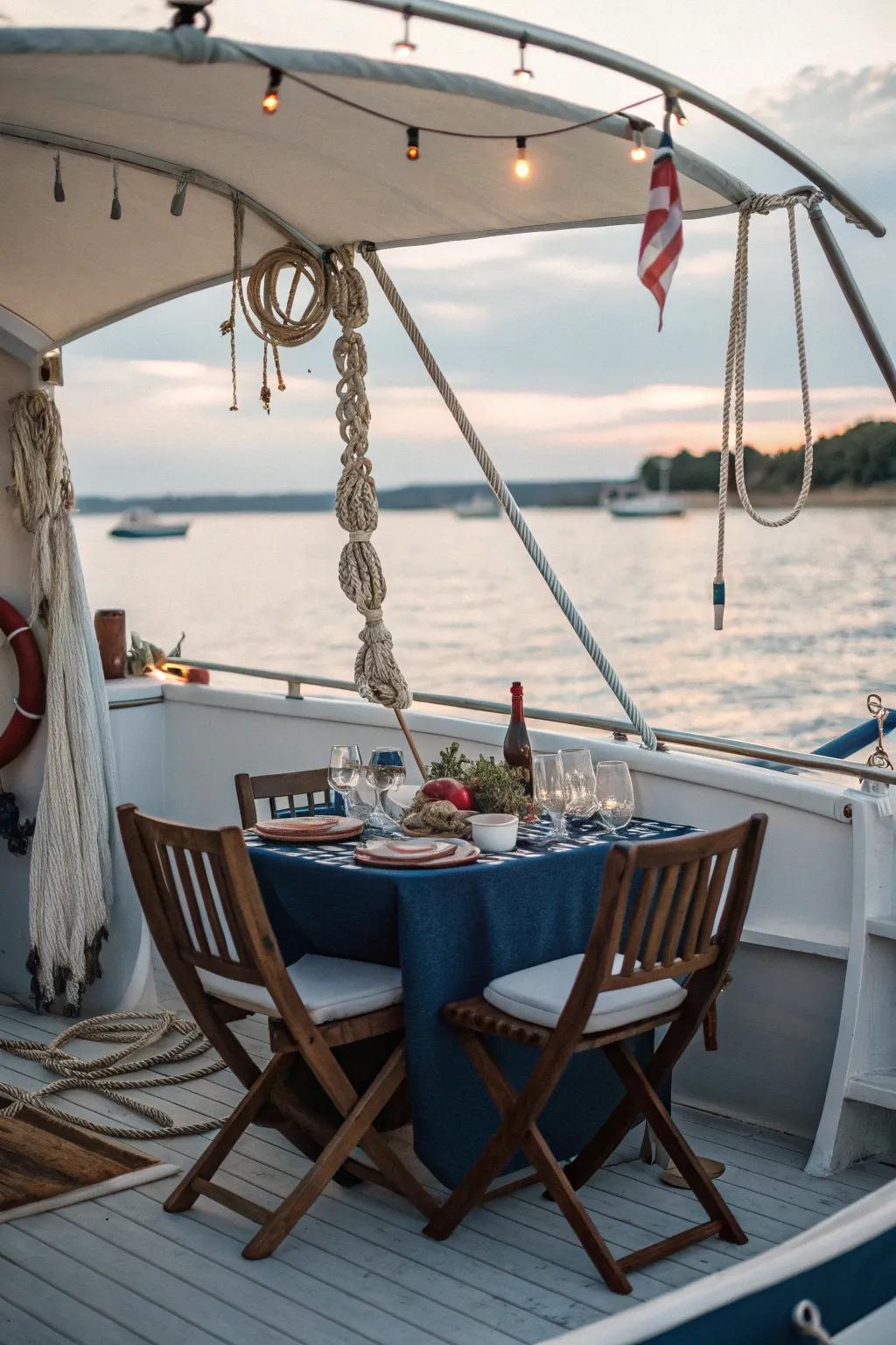 A smart dining setup with a foldable table perfect for small boat interiors.