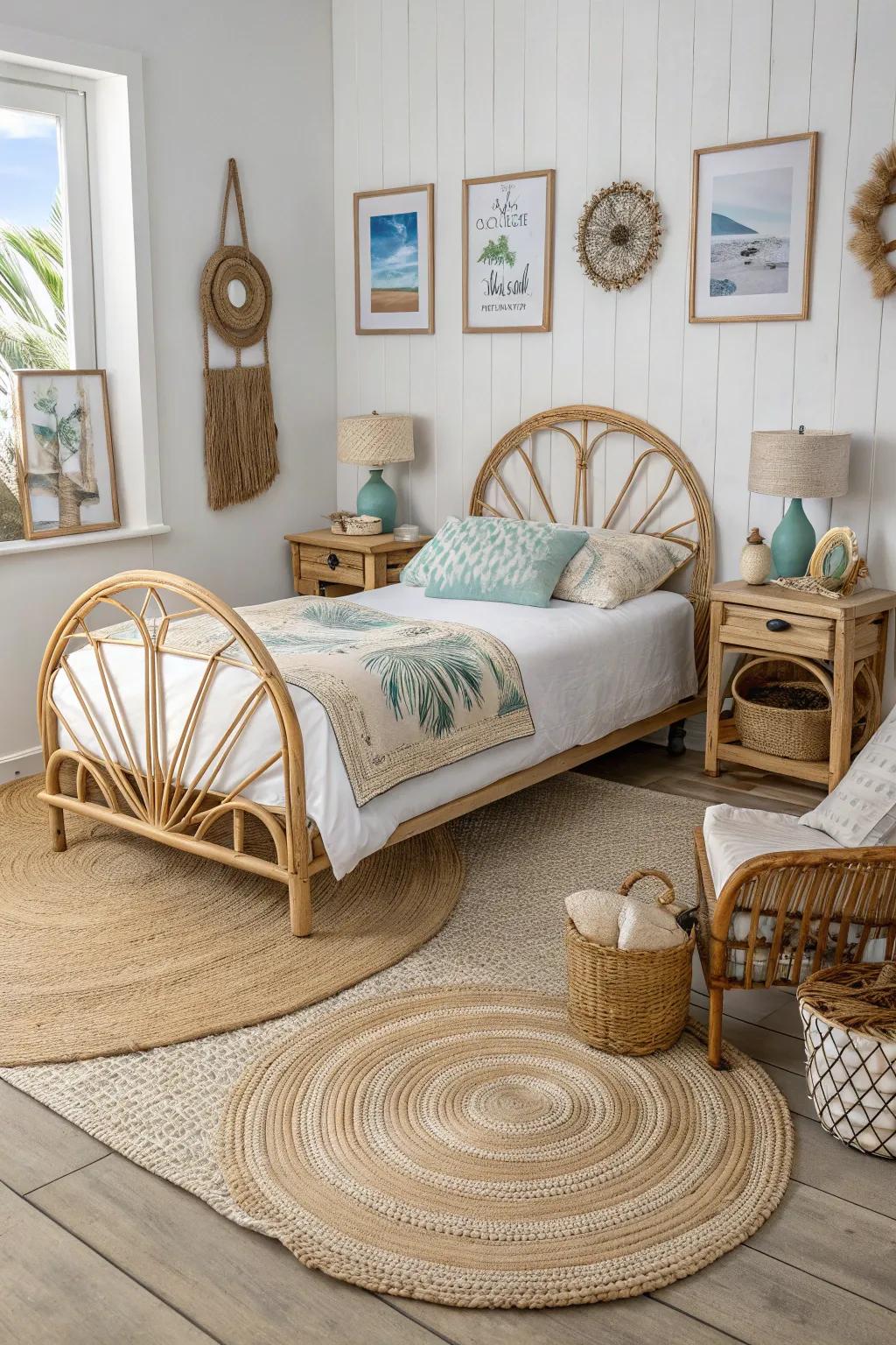 Natural materials like wicker and hemp craft a cozy, inviting ambiance.