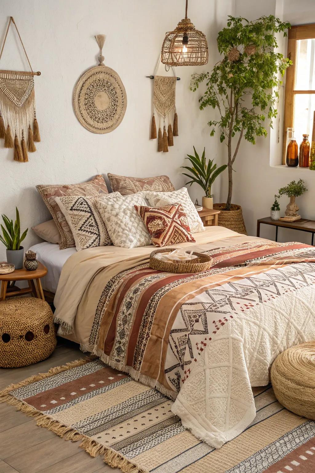 Textured bedding in earth tones provides a comfortable and welcoming boho-style bedroom.