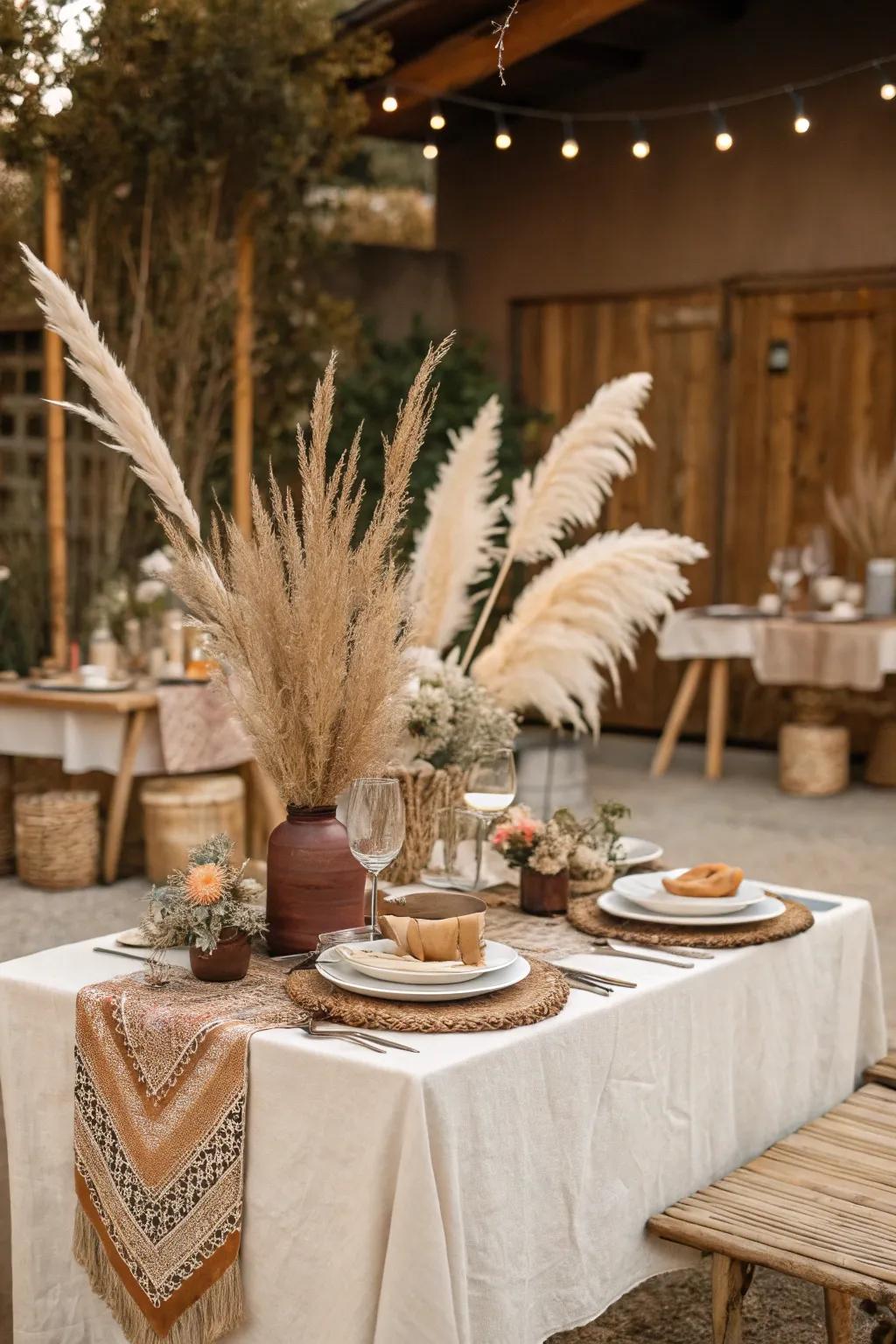Feathery reed adds a touch of sophistication to boho bridal shower decor.