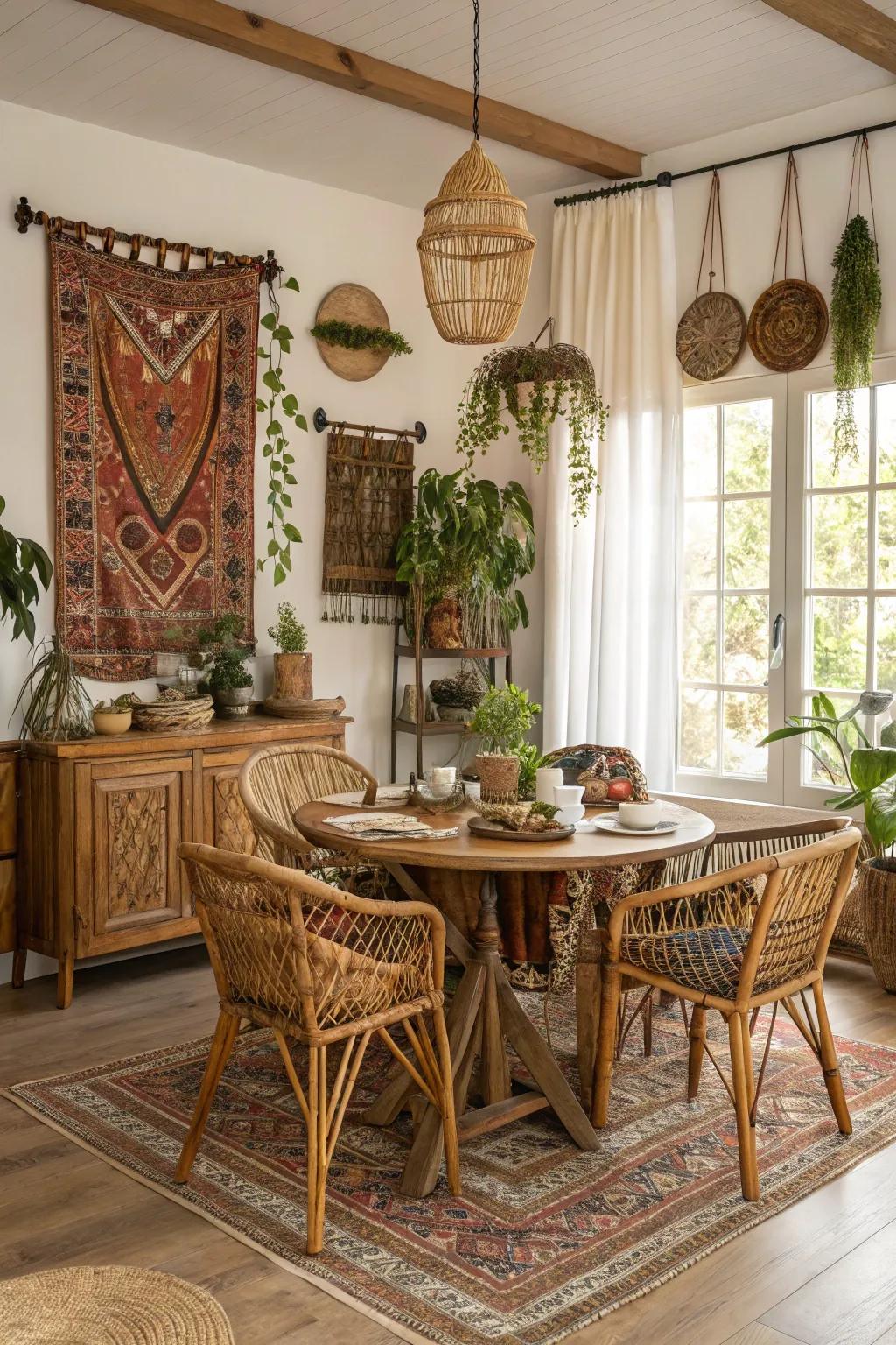 Boho dining space highlighting timber and cane furniture.