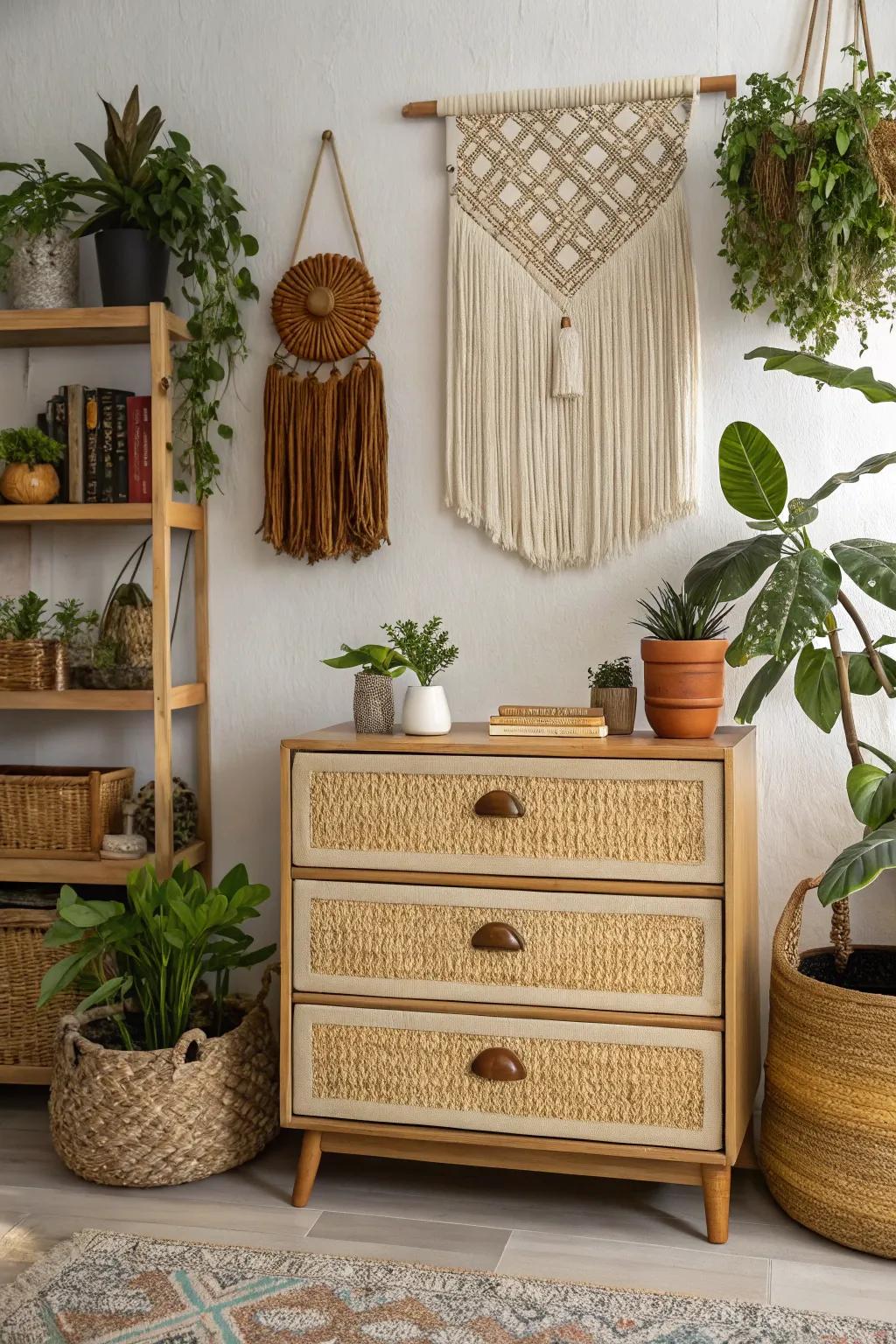 This dresser showcases woven drawer fronts, lending a charming boho feel.