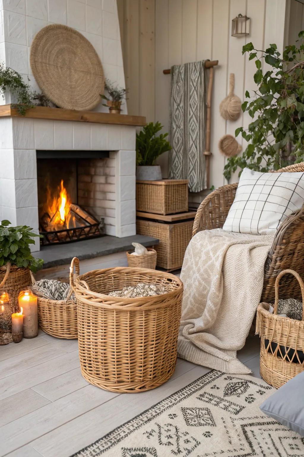 A fireplace decorated with willow baskets and rattan decor, creating a natural bohemian aesthetic.