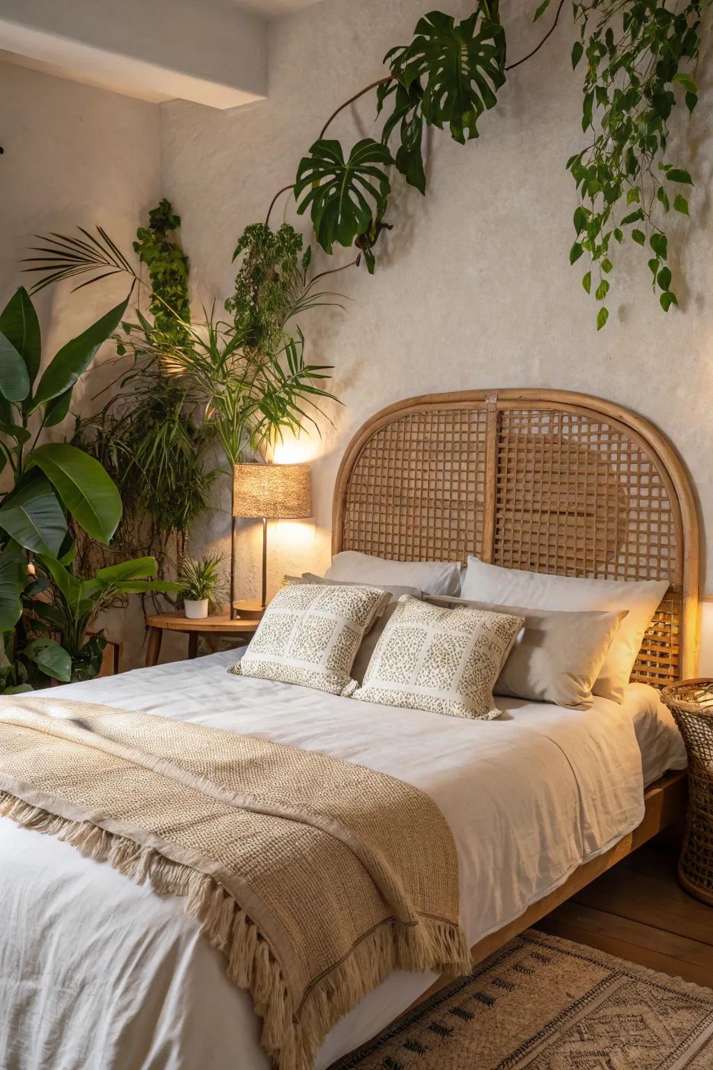 A woven rattan headboard brings an organic element to this boho-themed bedroom.