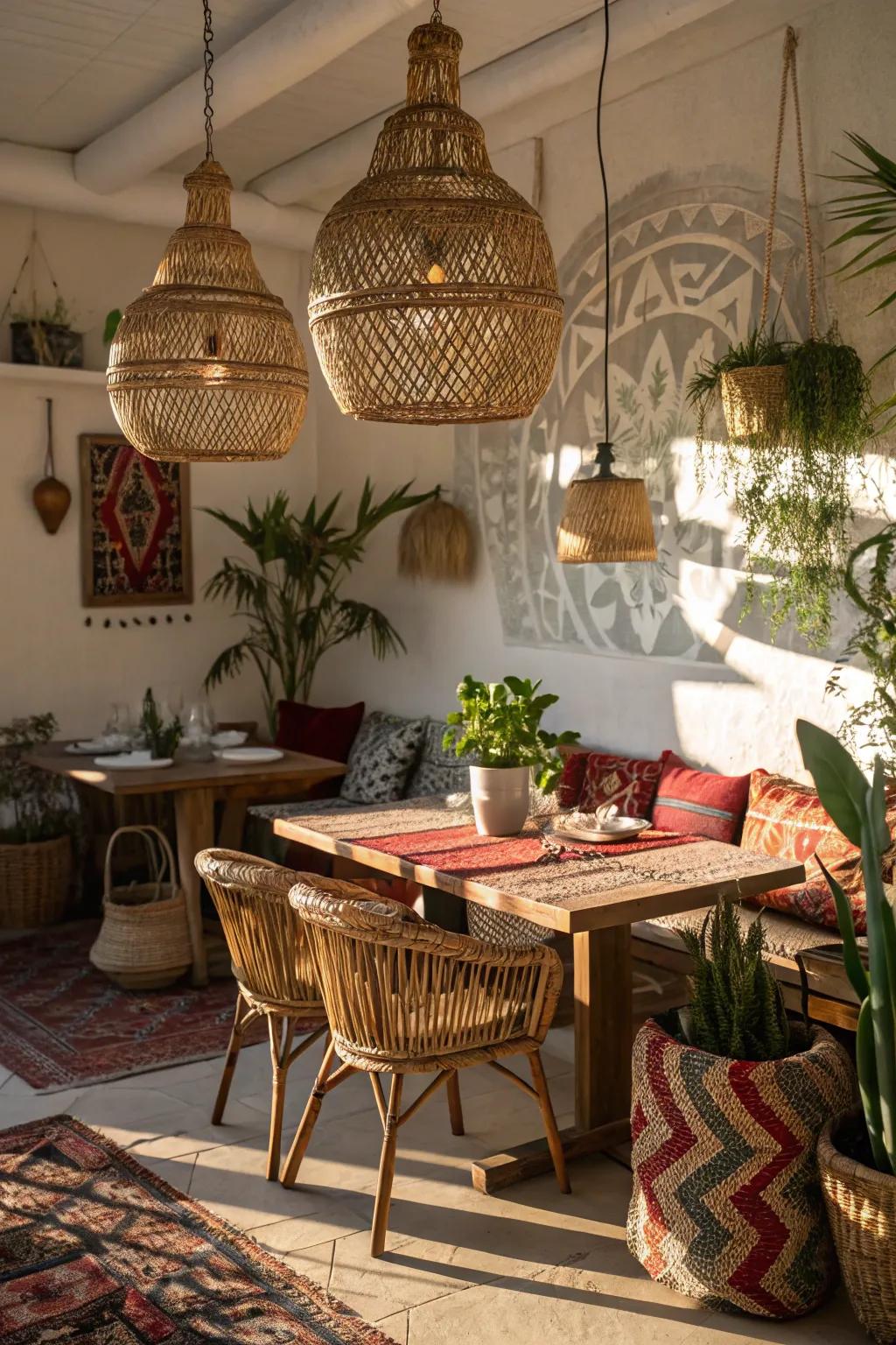 Woven pendant lights creating captivating shadows in a bohemian-style dining area.