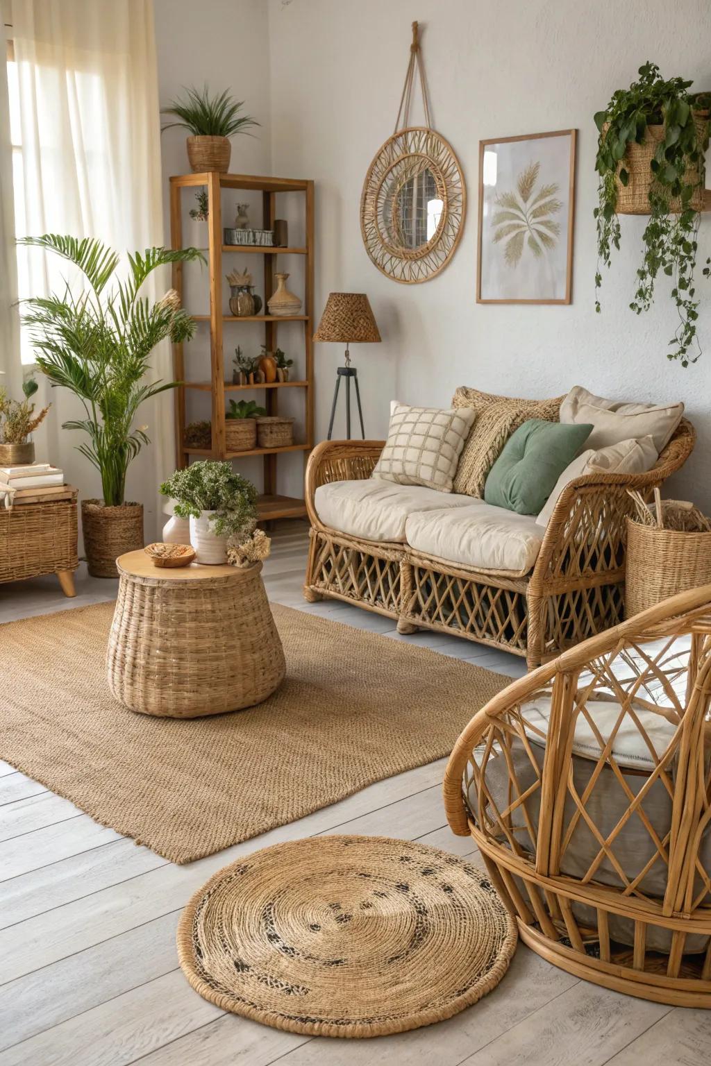 Natural textures create a peaceful and grounded bohemian living space.