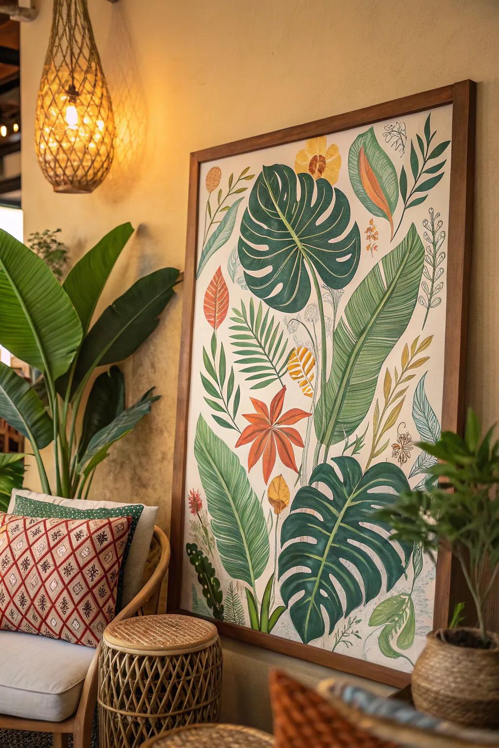 A boho-style painting which highlights the beauty of nature through vibrant botanicals and greenery.