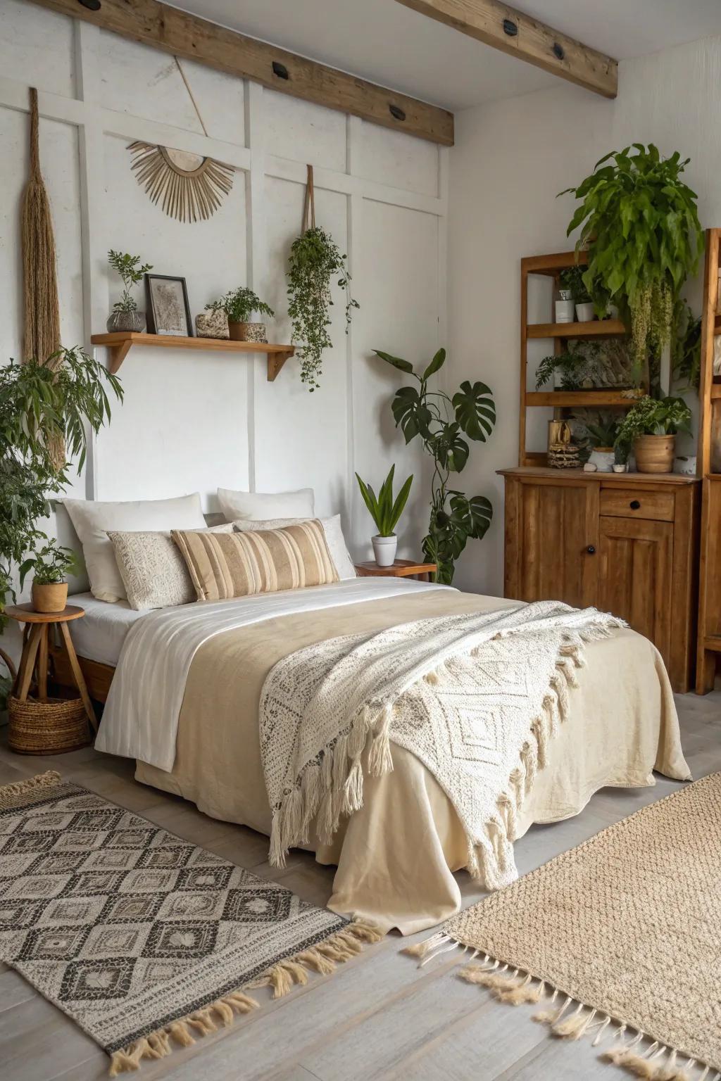 Neutral shades foster a serene and harmonious bohemian atmosphere.