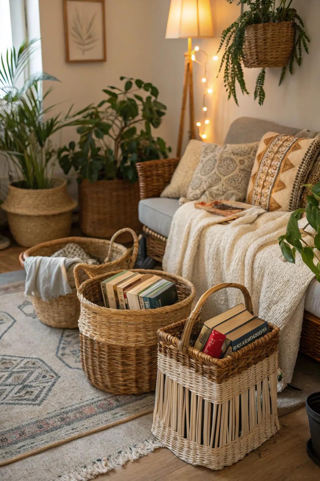 Wicker baskets provide texture and a warm feel to your boho-inspired decorating.