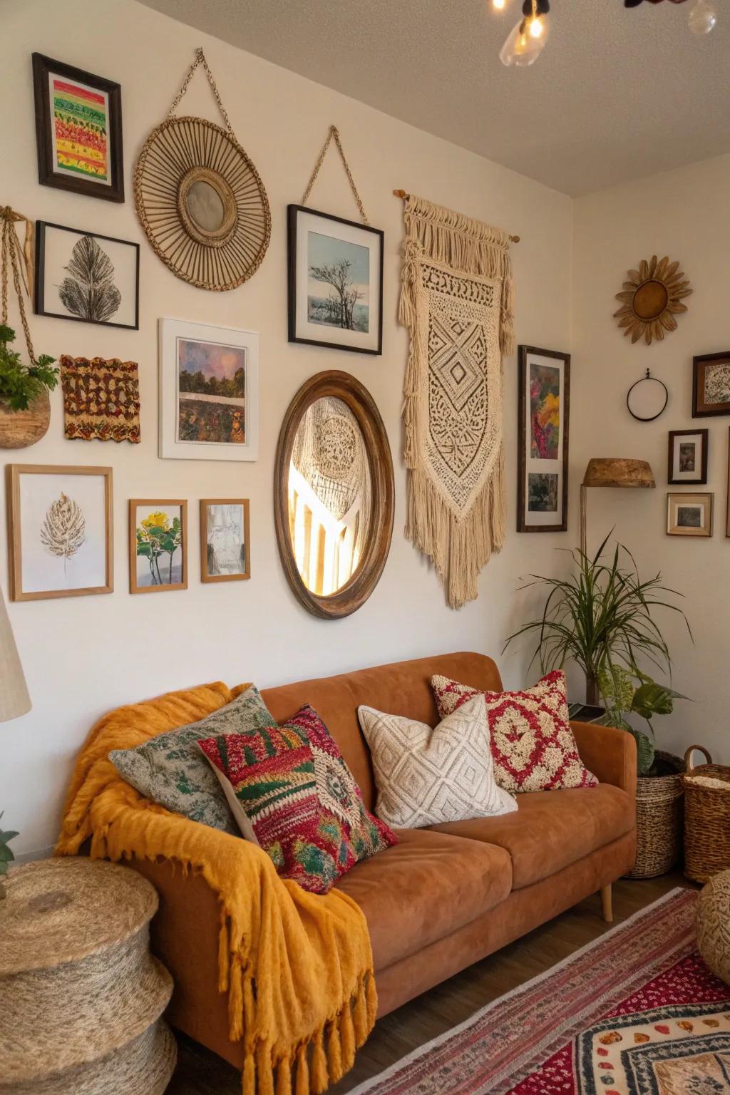 A varied wall exhibit that radiates bohemian charm.