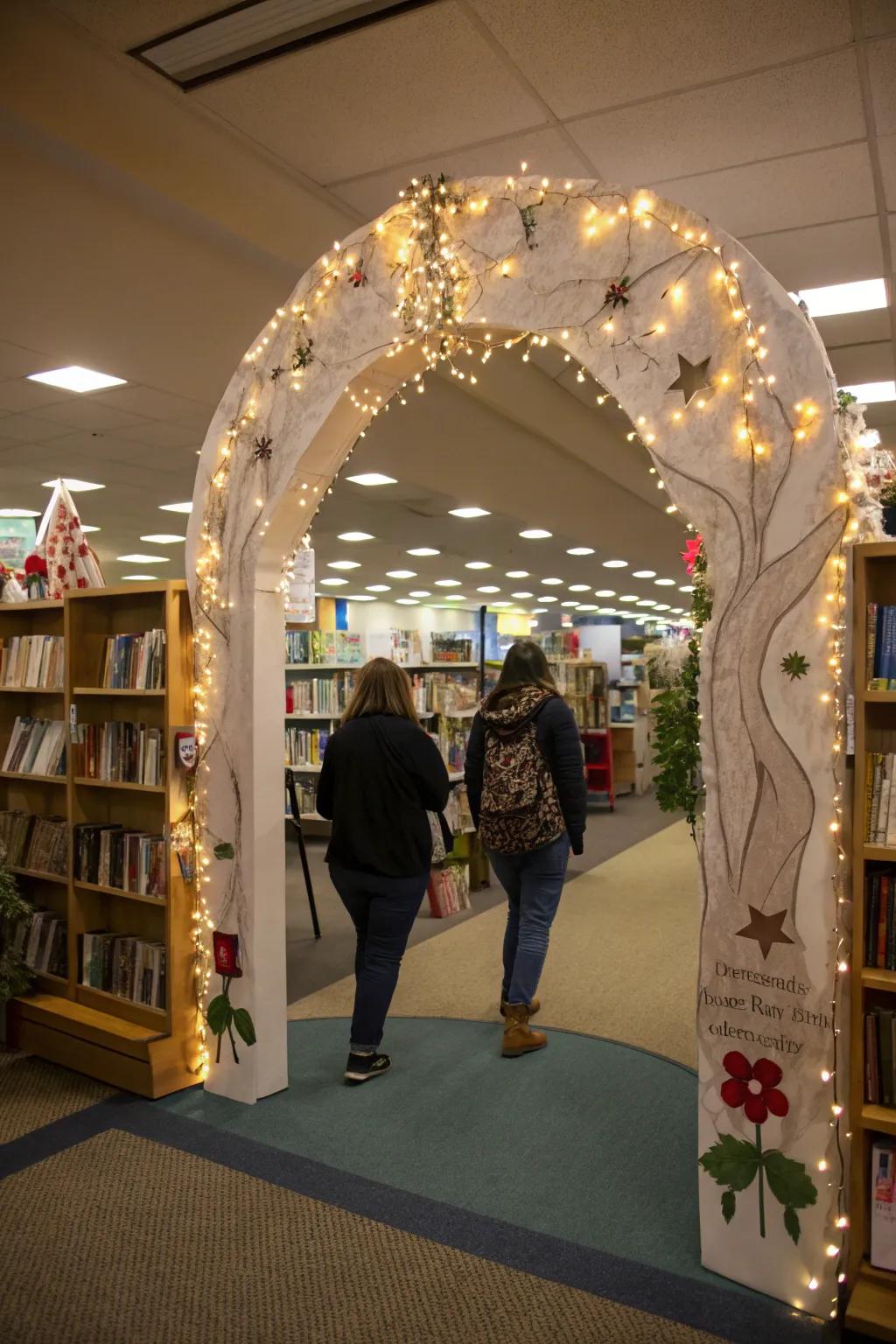 A captivating entrance to the book fair complete with shimmering lights and a creative arch.