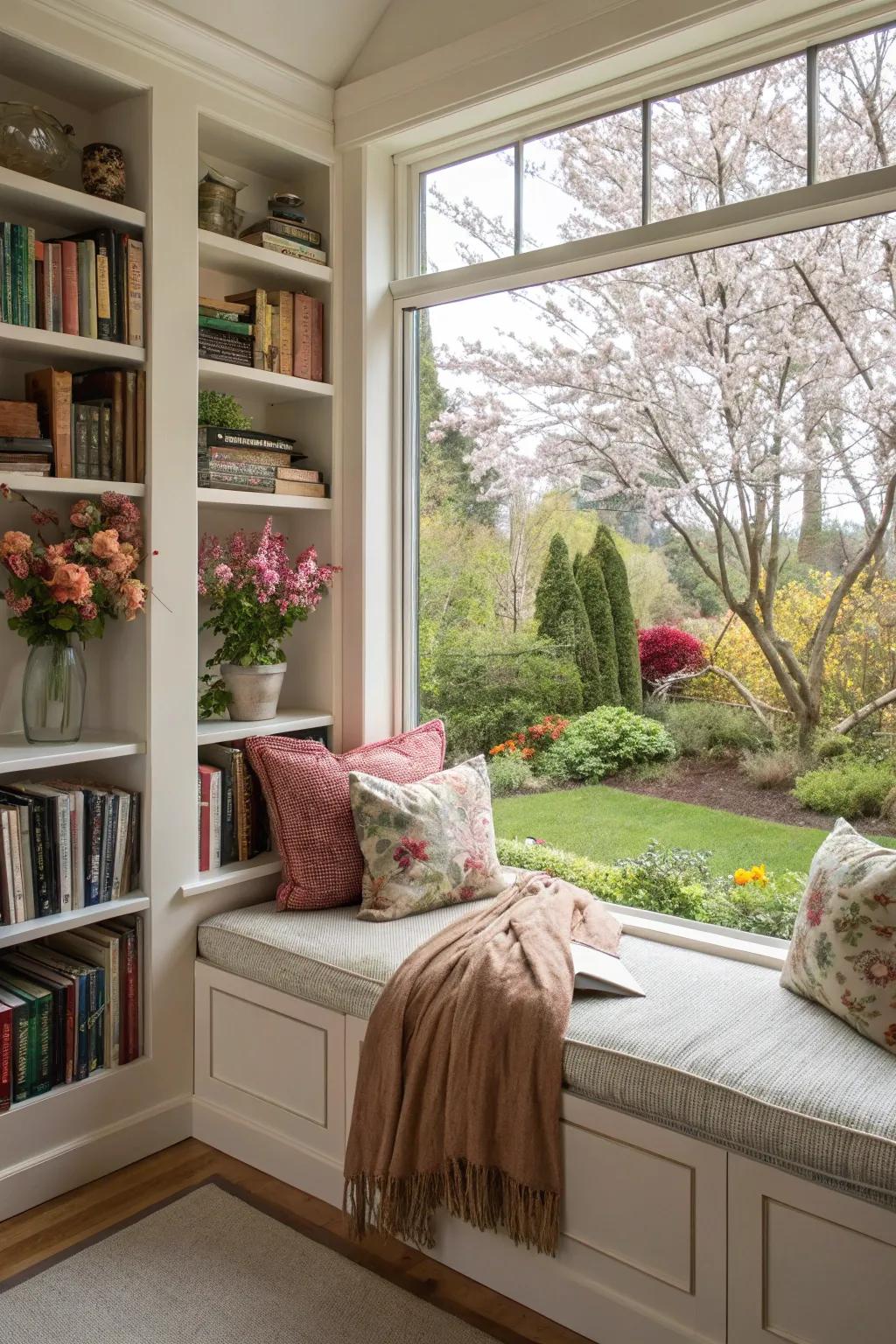 A window seat book nook merging comfort and natural light.