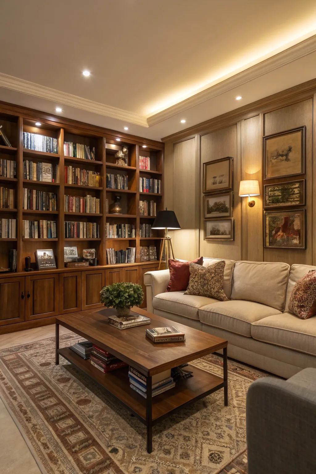 Bookshelf wall integrated into the living room for a relaxed atmosphere.