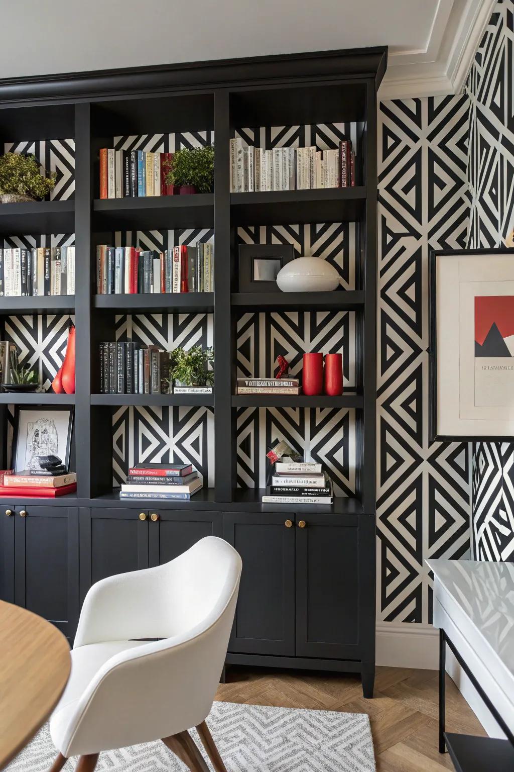 <strong>Bookshelf</strong> showcasing a bold black-and-white geometric wallcovering.&rdquo; loading=&rdquo;lazy&rdquo; class=&rdquo;pimg&rdquo;>
	</picture><figcaption><strong>Bookshelf</strong> showcasing a bold black-and-white geometric wallcovering.</figcaption></figure>
<p>Geometric designs can really make your <strong>bookshelves</strong> stand out and introduce a modern element to your space. I once opted for a striking black-and-white geometric pattern, and it instantly transformed my shelves into a focal point.</p>
<h3>Items that may come in handy:</h3>
<ul class=