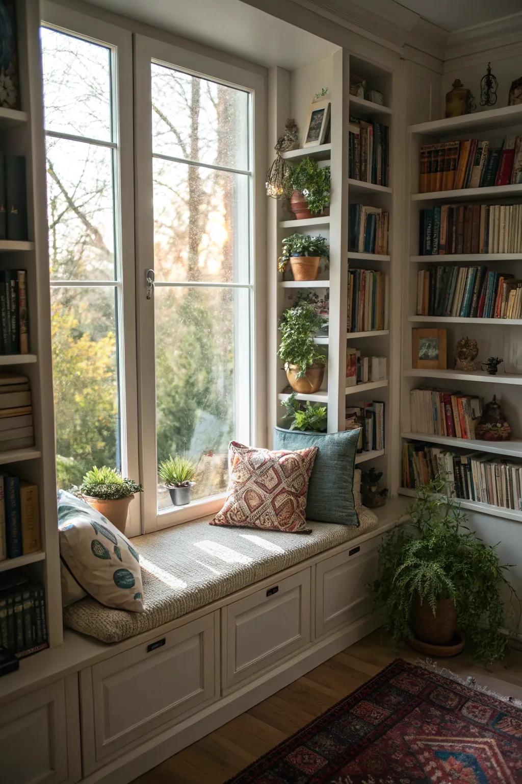 Design your own inviting reading corner featuring a window seat nestled between bookshelves.