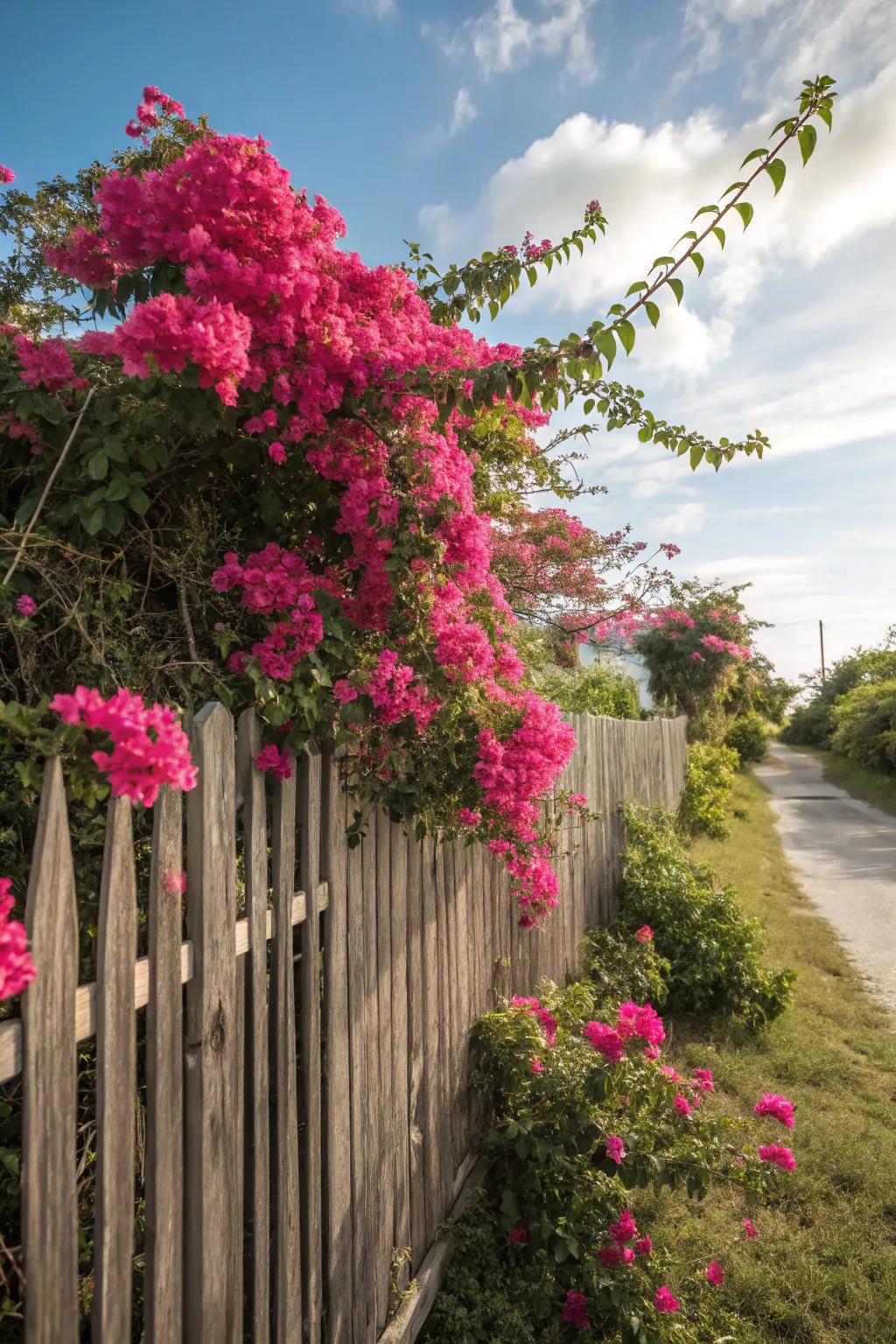 A wooden fence turned into a bright showcase with bougainvillea.