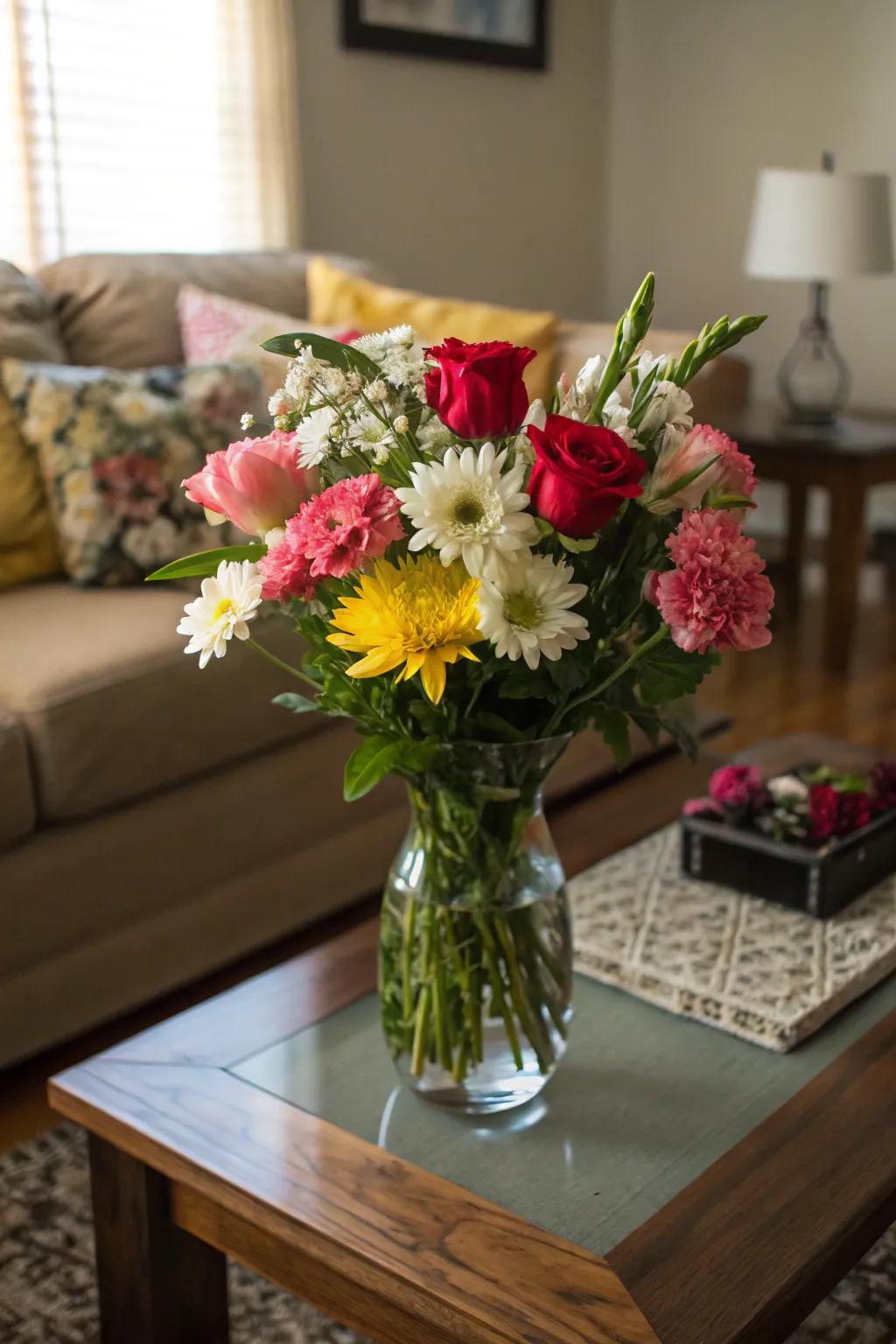 A traditional mixed flower bouquet to brighten any space.