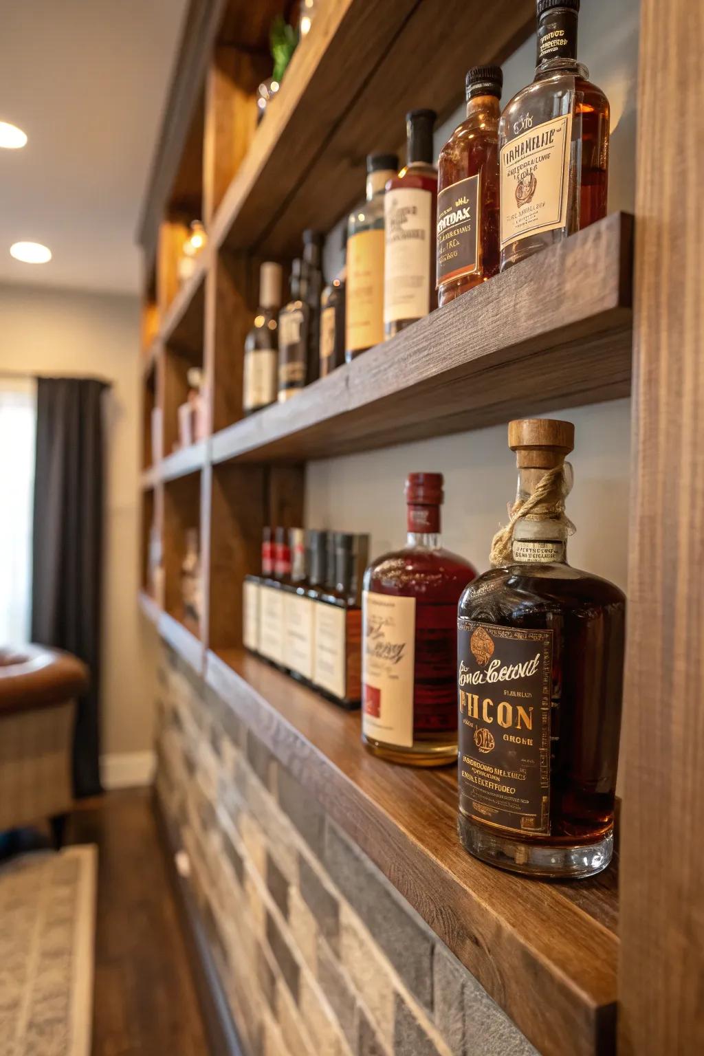 Country-style wall shelves create an inviting bourbon display.