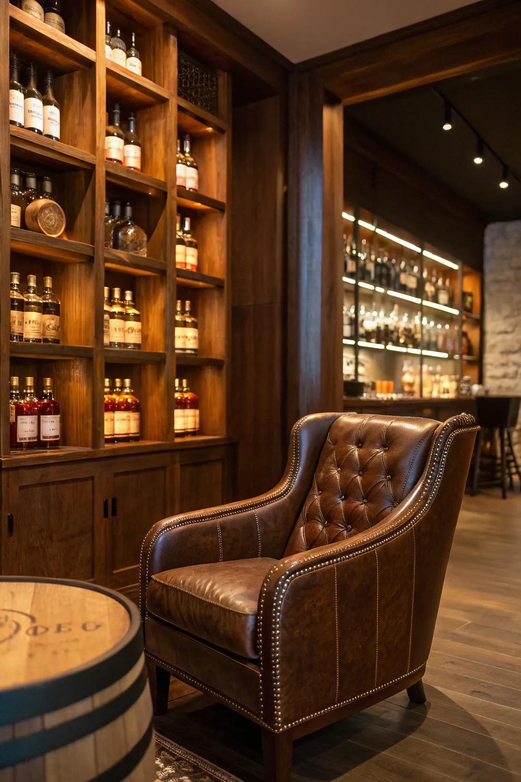 A luxurious cowhide seat enriches a spirit lounge with timeless coziness.